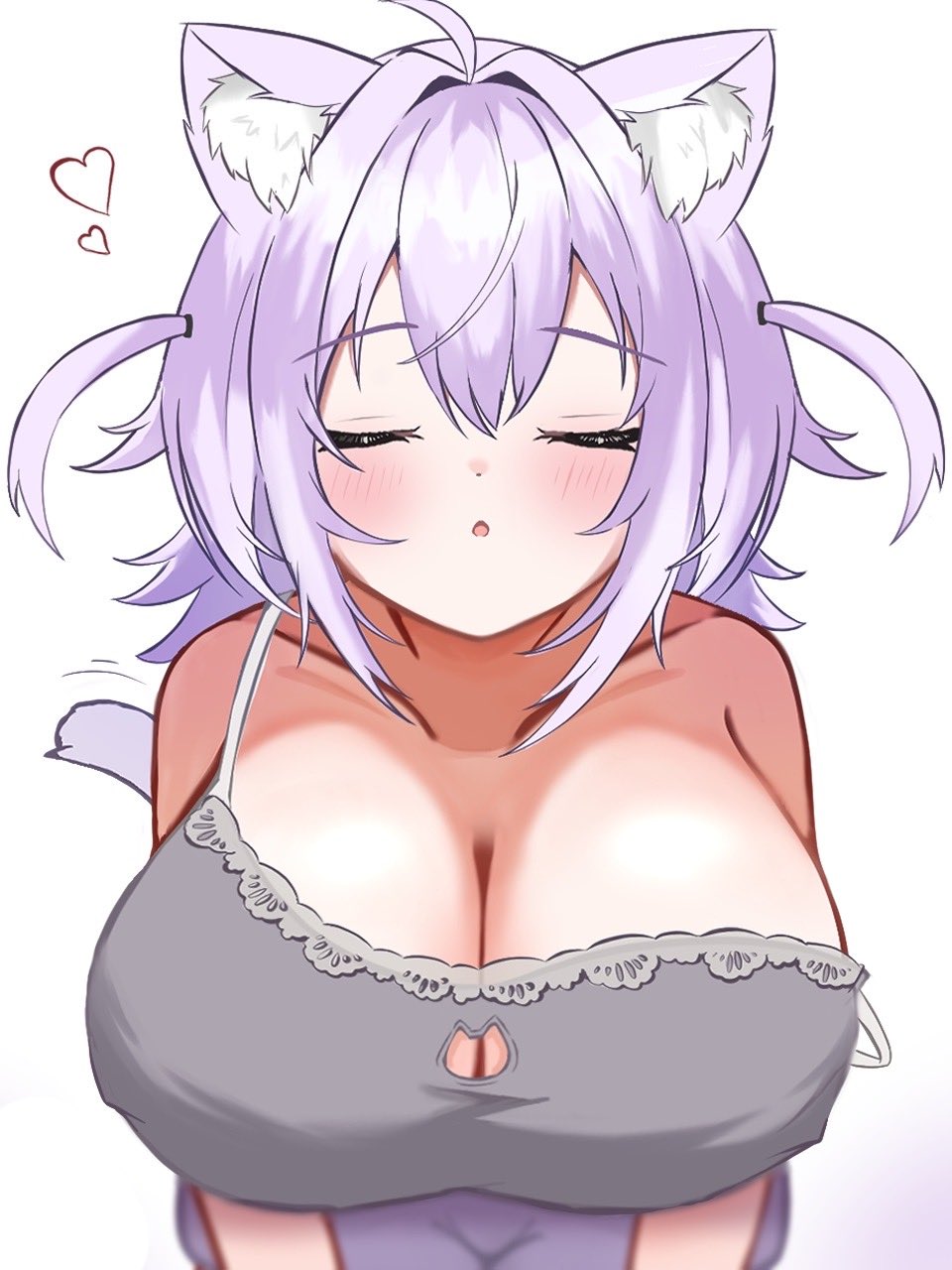 1girls, 2026, astra 5698, big breasts, breasts, cat ears, cat tail, catgirl, closed eyes, clothed, clothing, colored, cute, digital media (artwork), female, female only, front view, hi res, hololive, hololive gamers, huge breasts, imminent kiss, light skin, light-skinned female, looking at viewer, medium hair, nekomata okayu, open mouth, purple hair, simple background, solo, tail, thick thighs, thighs, virtual youtuber, vtuber, white background