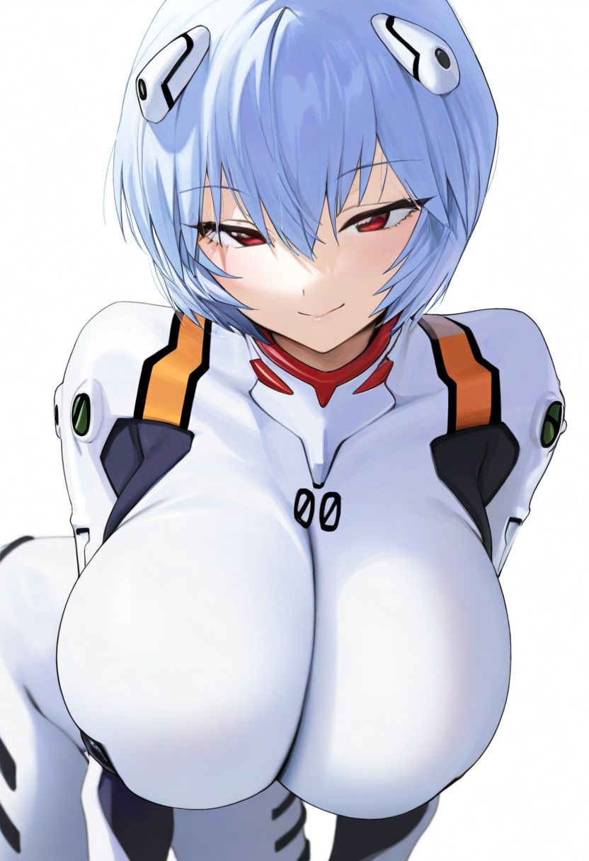 1girls, 2026, ai generated, berukaz, big breasts, blue hair, bodysuit, breasts, closed mouth, clothed, clothing, color, colored, digital media (artwork), eyes, female, female only, front view, fully clothed, hi res, huge breasts, light skin, light-skinned female, looking at viewer, medium hair, mouth closed, neon genesis evangelion, open eyes, plugsuit, red eyes, rei ayanami, simple background, smile, solo, white background