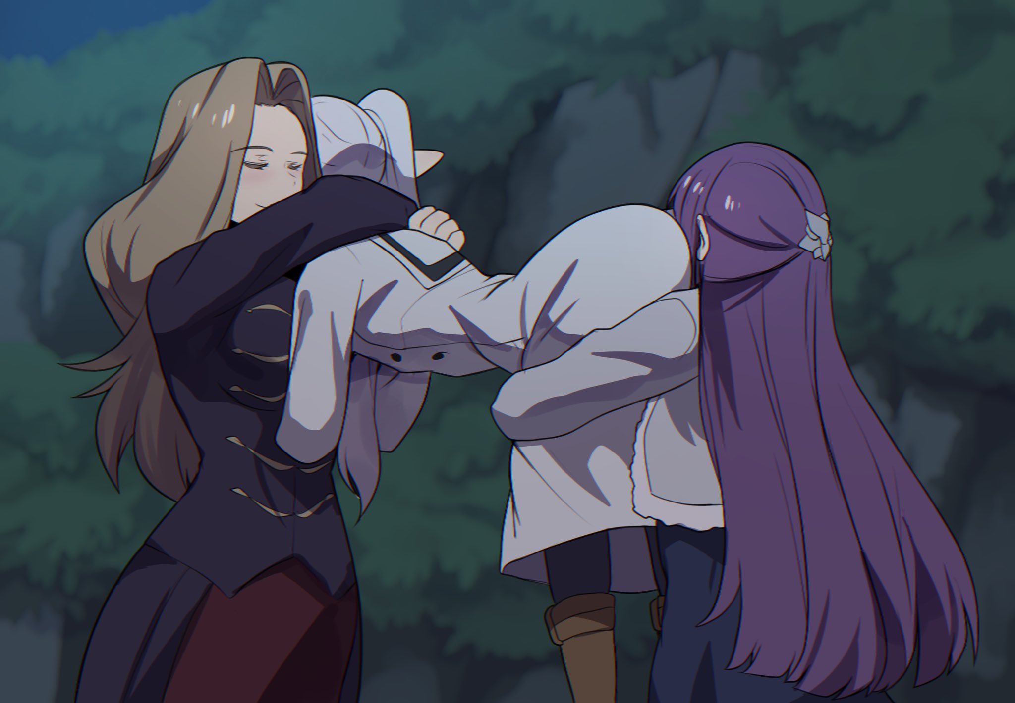 2026, 3girls, anime, ass, black clothing, brown hair, closed eyes, closed eyes smile, closed mouth, clothed, clothing, color, colored, digital media, dress, eyes closed, face in ass, female, female only, fern (sousou no frieren), frieren, frieren beyond journey's end, fully clothed, hair, hi res, hinghoi, hug, hugging, lesbian focus, light skin, light-skinned female, long hair, methode (sousou no frieren), mouth closed, purple hair, smile, sousou no frieren, white hair, yuri