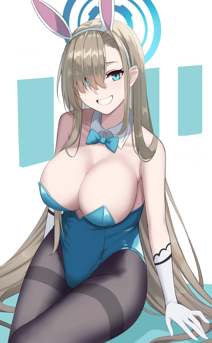 1girls, 2021, animal ears, asuna (blue archive), asuna (bunny) (blue archive), black legwear, blue archive, blue eyes, blue leotard, breasts, bunny ears, cleavage, female, female focus, female only, gaitoou, gloves, grey hair, grin, halo, highres, large breasts, leotard, looking at viewer, one eye covered, pantyhose, playboy bunny, sitting, smile, solo, solo female, white gloves
