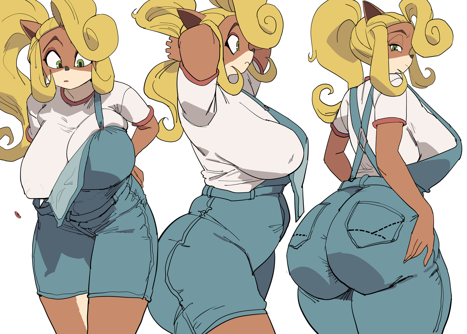 1girls, arms behind head, ass, big ass, big breasts, big butt, bubble ass, bubble butt, busty, coco bandicoot, covered nipples, crash (series), crash bandicoot (series), curvaceous, curvaceous female, curvaceous figure, curvy, curvy female, curvy figure, erect nipples under clothes, fat ass, female, female only, furry, furry female, furry only, hanging breasts, huge ass, huge breasts, large breasts, looking at viewer, looking back, nipples visible through clothing, no bra, overall shorts, overalls, pose, posing, sensual, sexy, sexy pose, sideboob, voluptuous, voluptuous female, y agc, yuta agc