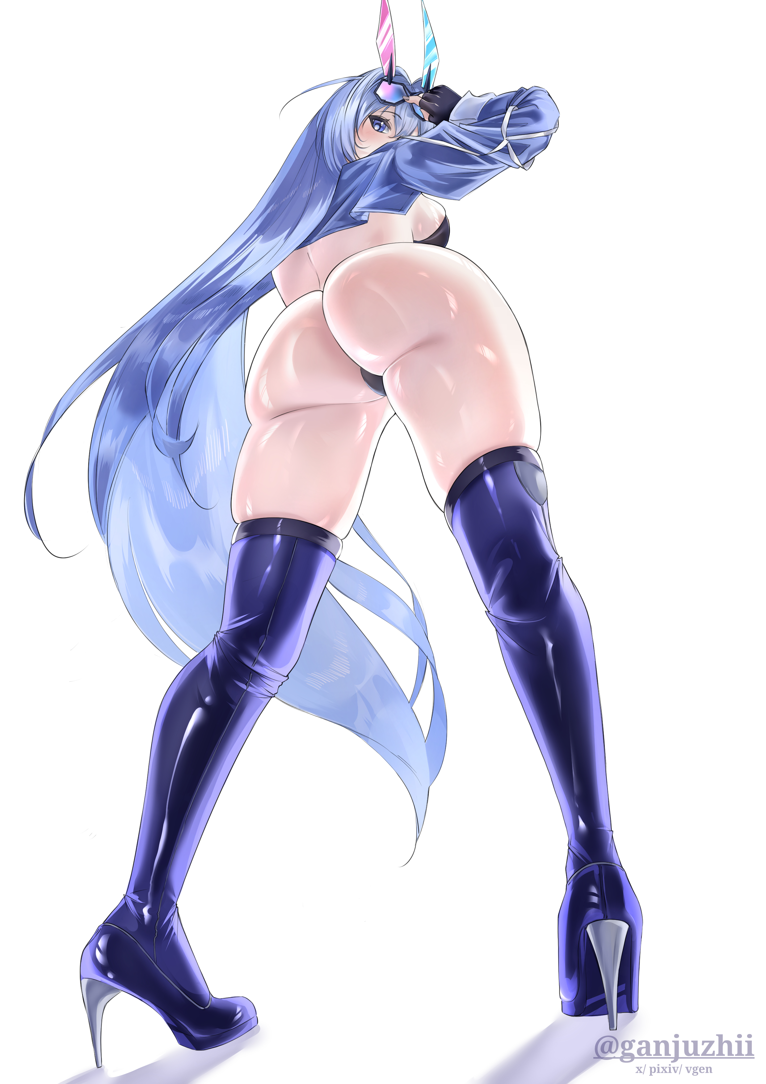 1girls, ass, ass focus, azur lane, back, back view, backboob, big ass, blue eyes, blue thighhighs, dat ass, female, female only, footwear, ganjuzhii, hair, headwear, heels, high heels, huge ass, legs, light blue hair, long hair, looking back, low-angle view, new jersey (azur lane), new jersey (black blur prelude) (azur lane), solo, solo female, sunglasses, sunglasses on head, thighhigh boots, thighs, white background
