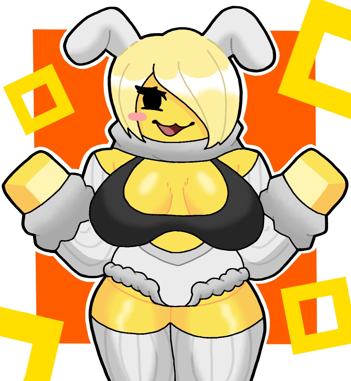 1girls, 2026, 2d, 2d (artwork), 2d artwork, background, big breasts, black bra, black eyes, blocky body, blonde hair, blush, bra, breasts, bunny ears, cleavage, clothed, clothed female, clothing, coin guy, delilah (dopey fighters 3), digital art, digital drawing (artwork), digital media, digital media (artwork), dopey fighters 3, drawing, drawn, female, female only, hair covering eye, long sleeves, looking at viewer, one eye covered, one eye obstructed, open mouth, roblox, roblox game, robloxian, short hair, simple background, sleeves, smile, solo, standing, thick thighs, thighhighs, thighs, white clothing, white sleeves, white thighhighs, yellow skin, yellow-skinned female