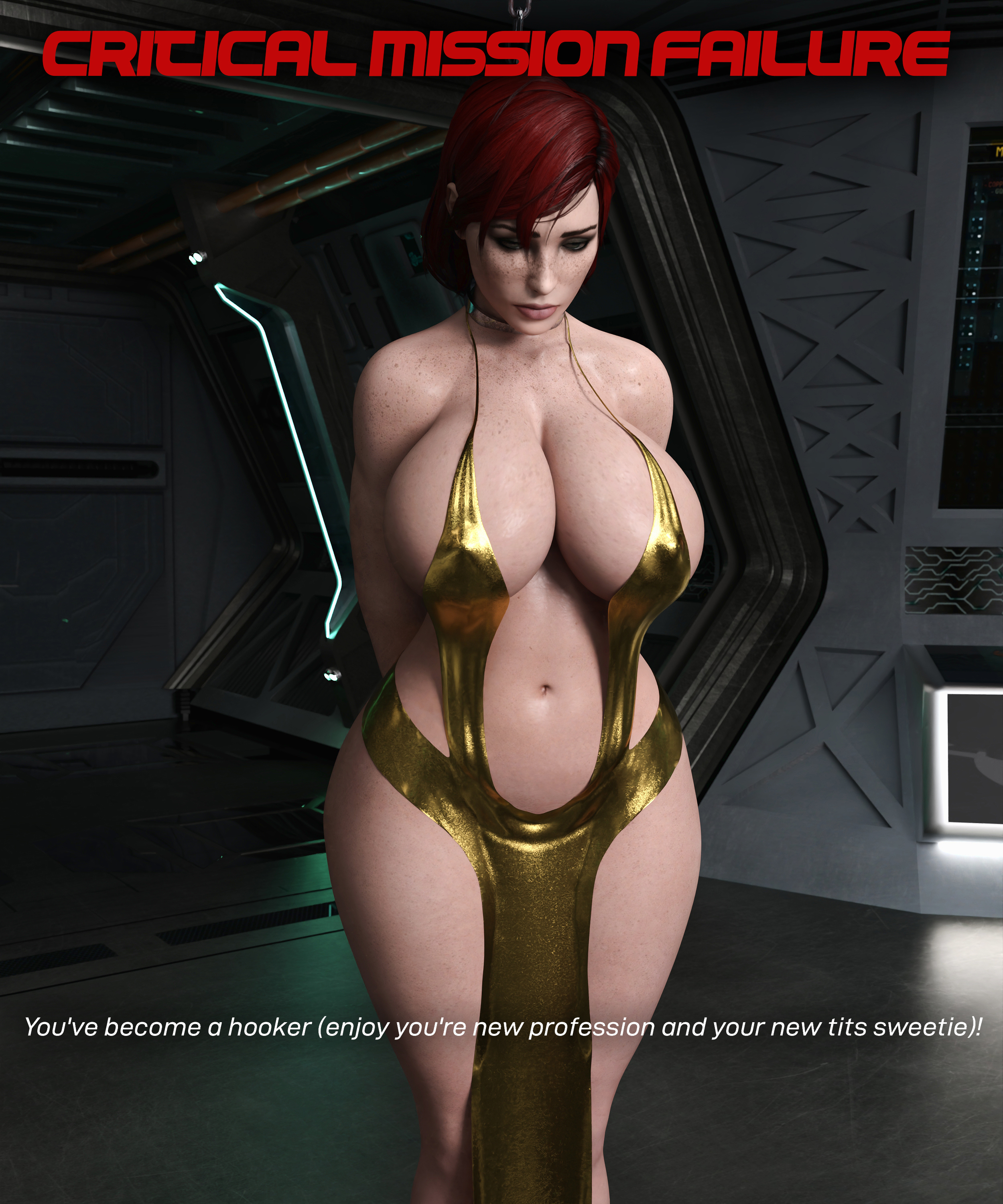 bad end, bimbo, bimbofication, daz studio, dress, embarrassed, english text, fake breasts, female, female only, femshep, freckles, game over, green eyes, huge breasts, mass effect, prostitution, red hair, tagme, tekonsfw