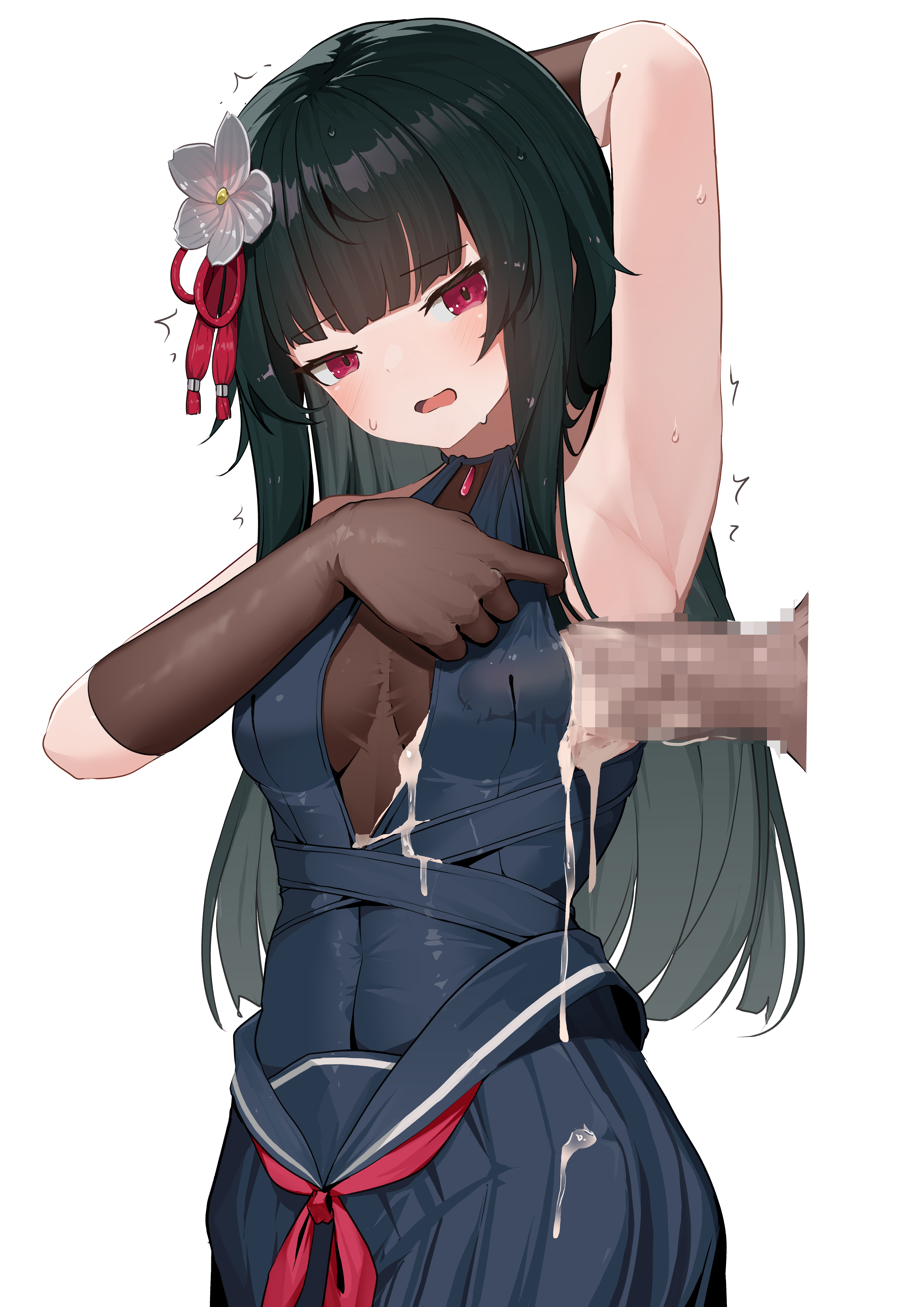 1boy, 1girls, after orgasm, after paizuri, alternate version at source, alternate version available, arm up, armpits, black hair, blush, boobjob, breasts, censored, clothing, cum, cum drip, cum under clothes, dress, elbow gloves, feet out of frame, female, girls' frontline, girls' frontline 2: exilium, gloves, hair ornament, long hair, looking at viewer, male, medium breasts, mosaic censoring, open mouth, orgasm, paizuri, paizuri under clothes, penis, pharetra third, red eyes, sakura (girls' frontline 2), sideboob paizuri, sweat, sweatdrop, type 100 (girls' frontline), yanagui, yanagui yugi