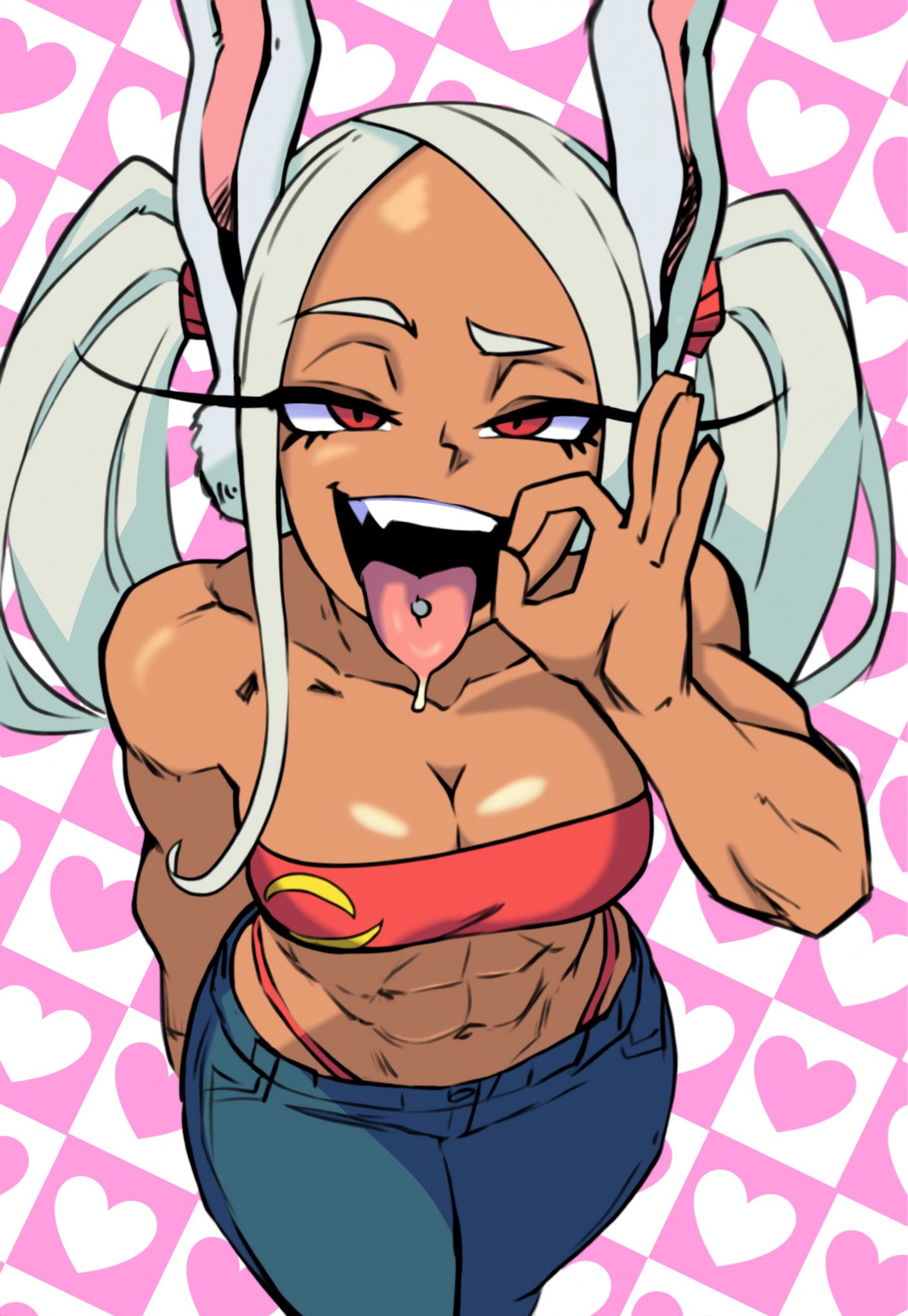 1girls, abs, animal ears, bandeau, blowjob gesture, boku no hero academia, bunny ears, cleavage, dark skin, dark-skinned female, drooling, eyelashes, fellatio gesture, female only, fit, fit female, jeans, large breasts, long hair, looking at viewer, mirko, miruko, muscular female, my hero academia, offering blowjob, oral, parallaxfused, piercing, red eyes, rumi usagiyama, solo, thong, thong straps, tongue, tongue out, tongue piercing, tubetop, twintails, usagiyama rumi, white hair, wide hips