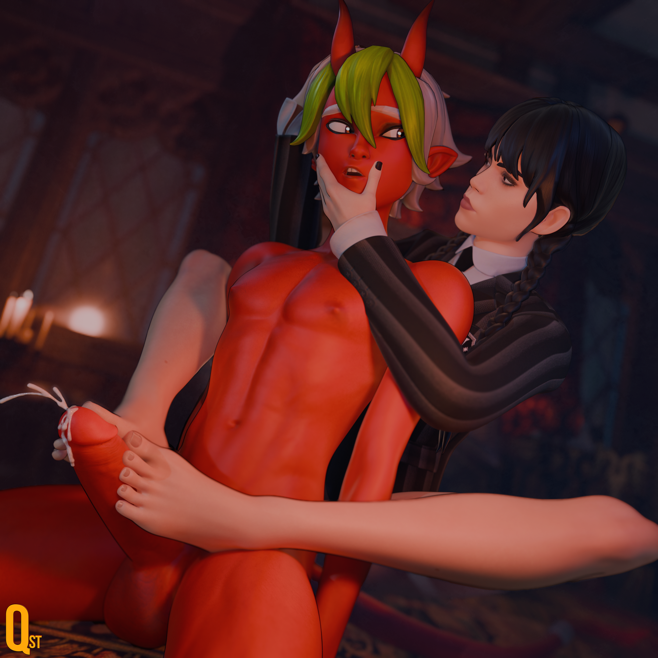 3d, barefoot, blender, clothed female, clothed female nude male, clothing, cum, cumming, demon boy, demon horns, ejaculation, erect penis, erection, feet, female, femdom, fortnite, hand on another's face, hand on another's head, jenna ortega, male, navel, nude, nude male, penis, pointed ears, qstt, red skin, semen, shirt, straight, tail, the addams family, toes, torment, torment (fortnite), wednesday addams, wednesday addams (fortnite)