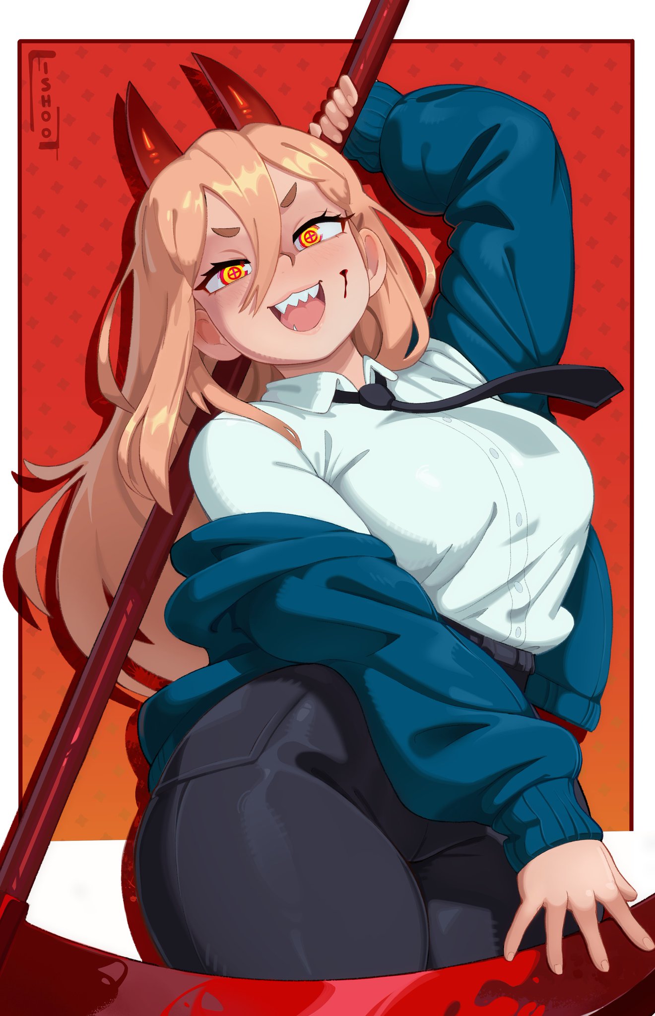 artist name, blonde female, blonde hair, blood on face, chainsaw man, female, ishoo, power (chainsaw man), scythe, solo, tagme