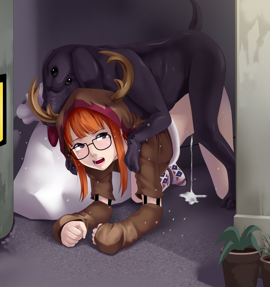 1girls, all fours, alley, bottomless, canine, cum, cum drip, cum in pussy, cum inside, deep rising, doggy style, female, female penetrated, feral, feral on female, glasses, hood, knot, open mouth, orange hair, persona, persona 5, red nose, sakura futaba, sex, sex from behind, straight, sweat, thor (deep rising), zoophilia