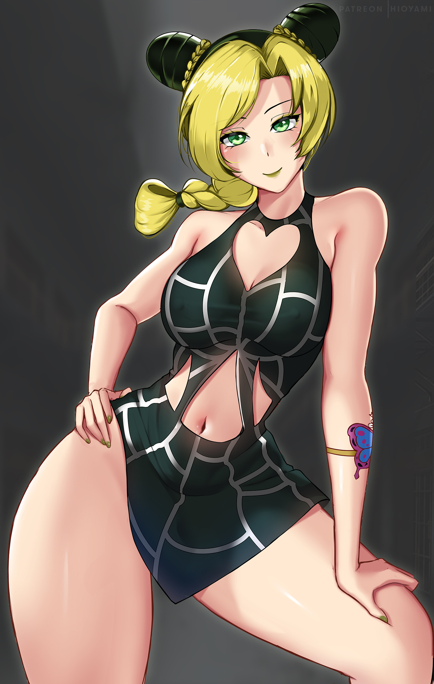 1girls, breasts, eye contact, female, female protagonist, green eyes, green hair, hioyami, human, jojo's bizarre adventure, jolyne kujo, light skin, light-skinned female, lipstick, long hair, looking at viewer, shounen jump, smile, solo, standing, stone ocean, thick thighs, thighs, wide hips, yellow hair