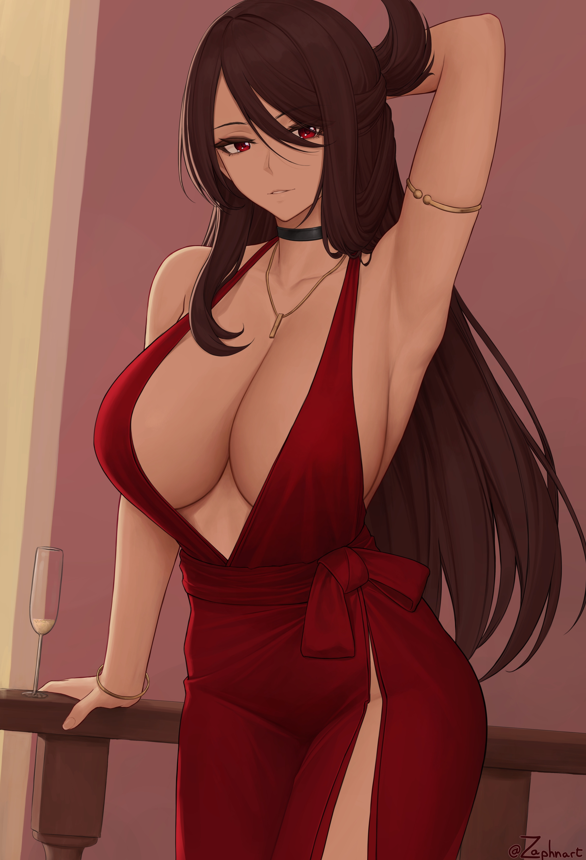 1girls, 2021, arm up, armpits, beidou (genshin impact), breasts, brown hair, choker, cleavage, clothed, clothed female, dress, elegant, elegant dress, female, female only, genshin impact, hi res, hips, huge breasts, indoors, jewelry, large filesize, long hair, necklace, red dress, red eyes, side slit, slim waist, thick thighs, thighs, wide hips, wine glass, zaphn