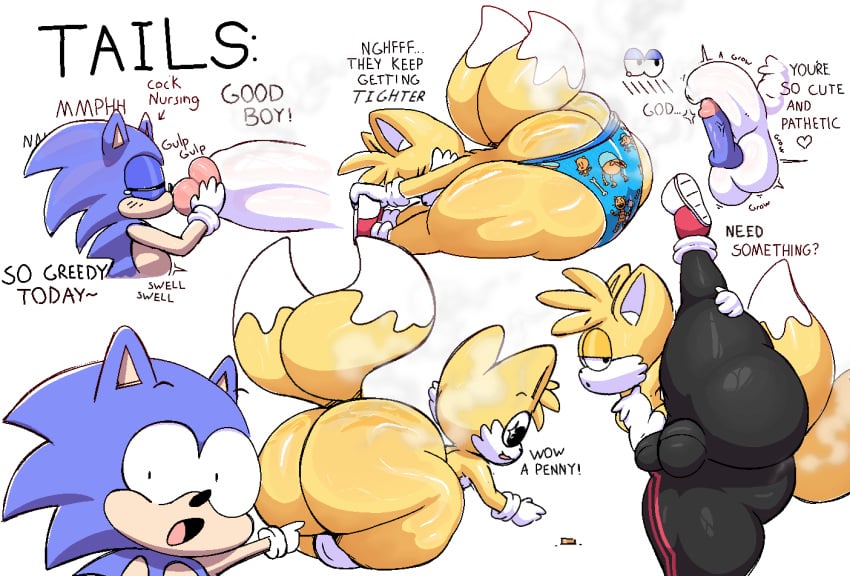2boys, 80 hd, anthro, ass, ass awe, balls, big ass, big balls, big butt, big penis, bottomwear, bubble butt, bulge, canid, canine, childish panties, clothing, cock nursing, dav pilkey, dipstick tail, dog man (character), dog man (series), duo, english text, erection, eulipotyphlan, exclamation point, femboy, flaccid, flexible, footwear, fox, genitals, gesture, hand gesture, heart symbol, hedgehog, huge ass, huge balls, huge butt, huge cock, humiliation, interspecies, large ass, large penis, lil petey, looking at viewer, male, male/male, mammal, markings, miles tails prower, multicolored body, nude, one leg up, pants, penis, penis humiliation, penis size difference, petey the cat, pointing, raised leg, sega, senor9, senordraws, shoes, small penis humiliation, sonic (series), sonic the hedgehog, sonic the hedgehog (series), splits, spread legs, spreading, standing, stretching, sweatpants, tail, tail markings, tails, tails the fox, text, thick thighs, two tone body, uncensored, underwear, vertical splits, wide hips, yellow body