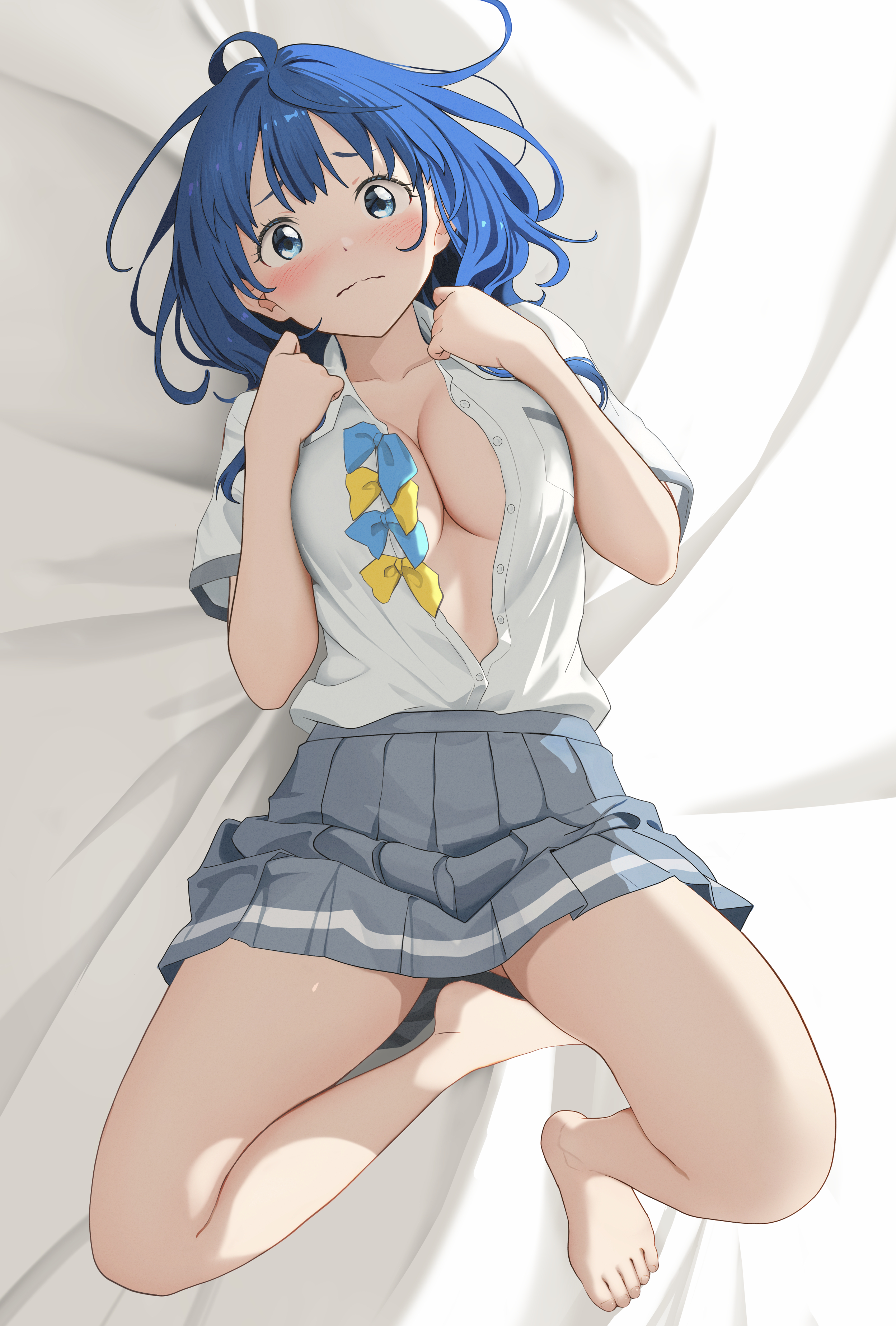 absurdres, ahoge, barefoot, blue bow, blue bowtie, blue eyes, blush, bow, bowtie, breasts, cleavage, collared shirt, commentary request, female, female only, gibun (sozoshu), grey skirt, highres, looking at viewer, lying, make heroine ga oo sugiru!, medium hair, on back, on bed, open clothes, open shirt, pleated skirt, shirt, skirt, solo, white shirt, yanami anna, yellow bow, yellow bowtie