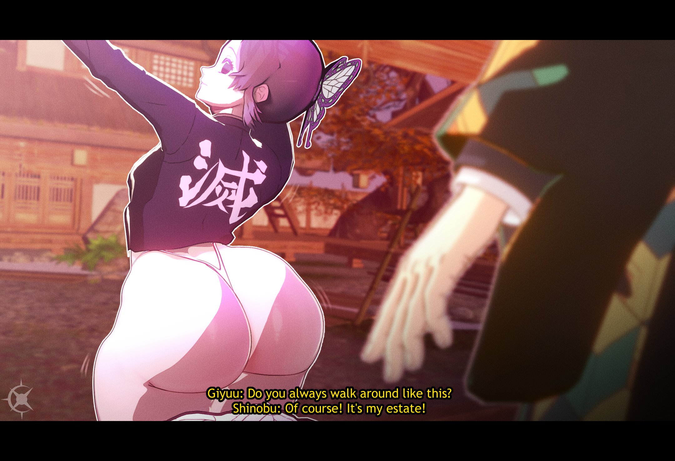 1boy, 1girls, 3d, ass, back, big ass, black hair, blurry, butterfly, butterfly hair ornament, demon slayer, hair ornament, huge ass, kimetsu no yaiba, kochou shinobu, letterboxed, long sleeves, multicolored hair, panties, purple eyes, purple hair, tagme, tomioka giyuu, xscapism