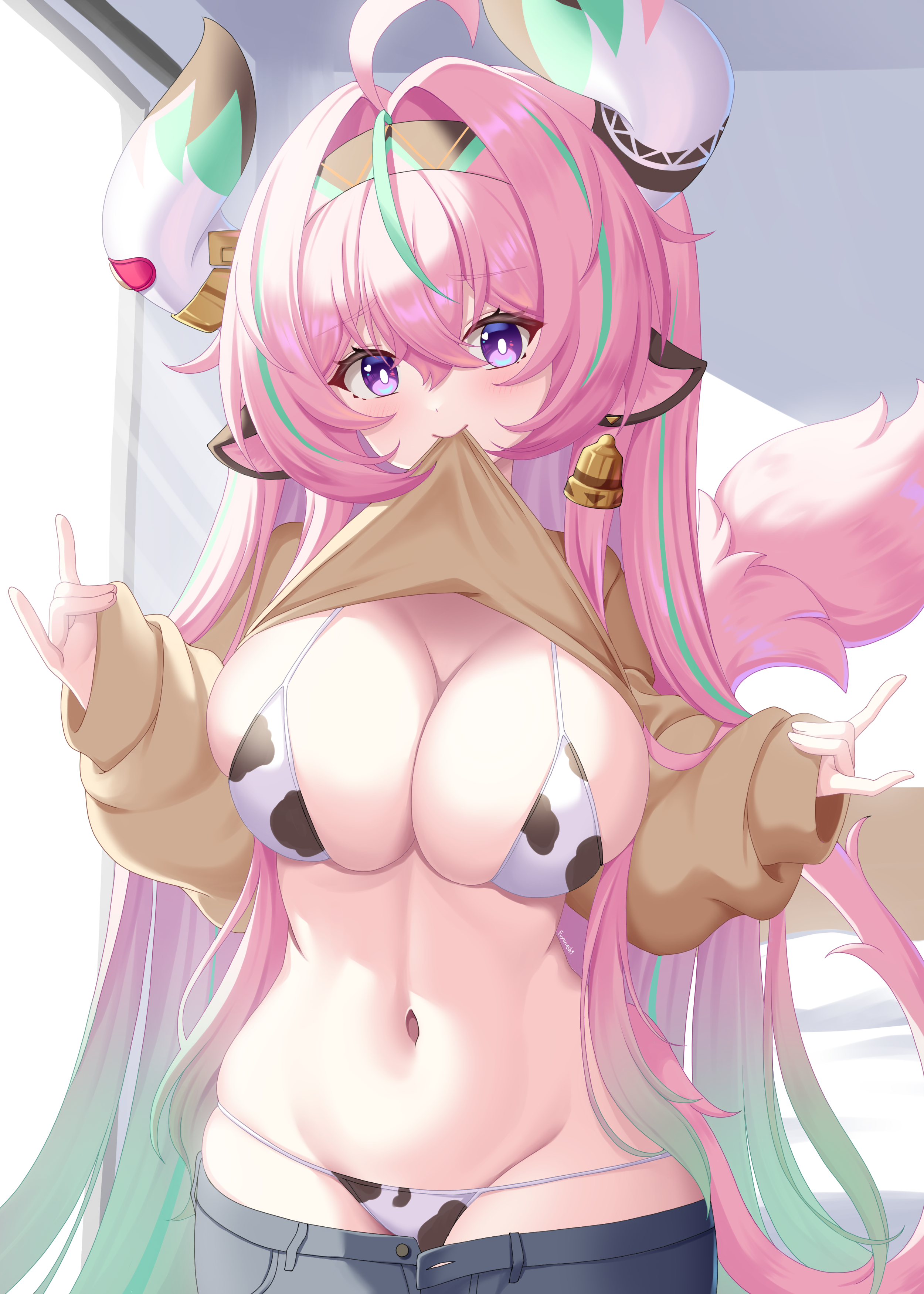 absurdres, ahoge, animal ears, animal print, aqua hair, bell, bikini, breasts, brown sweater, clothes lift, clothes pull, commentary request, cow ears, cow horns, cow print, cow print bikini, cowbell, denim, female, female only, fuyunash1, genshin impact, highres, horns, jeans, large breasts, long hair, looking at viewer, multicolored hair, navel, pants, pants pull, pink hair, print bikini, purple eyes, solo, stomach, sweater, sweater lift, swimsuit, two-tone hair, varesa (genshin impact), very long hair