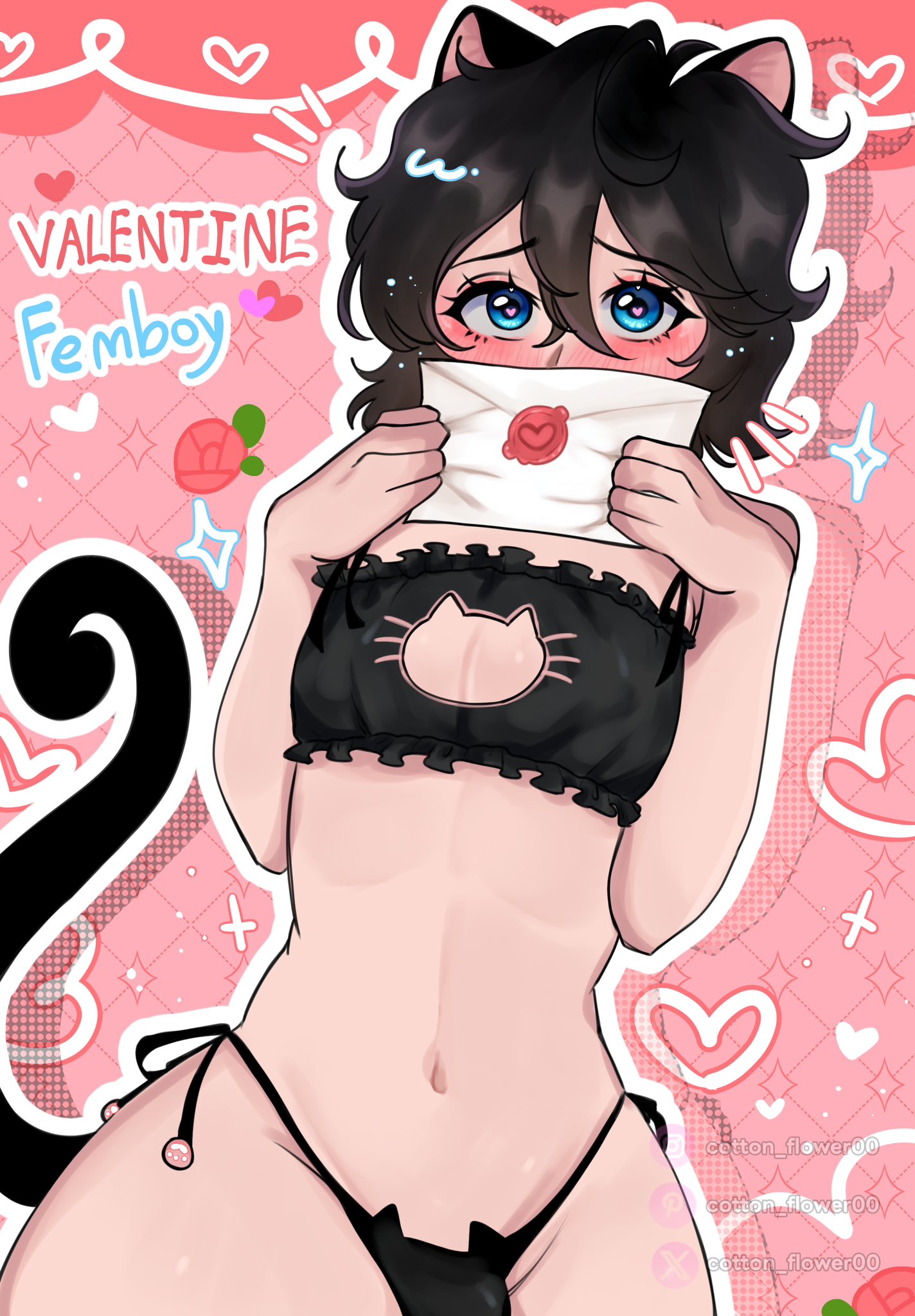 1boy, black hair, blue eyes, blush, femboy, femboy on femboy, gay male, gay sex, heart-shaped pupils, my femboy roommate, neko, nuteku, robin (my femboy roommate), sex, sexy, sexy body, sexy pose, valentine's day, wirin