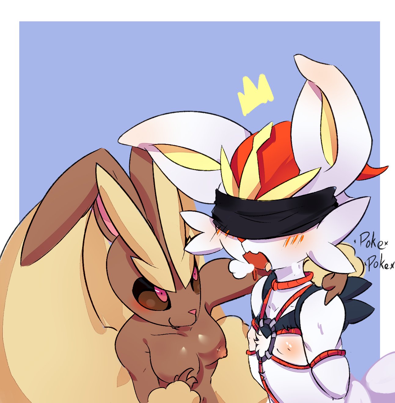 1boy 1girls anthro arms_tied blush bondage bound breasts cinderace duo female female_lopunny fur hi_res lagomorph lopunny male male/female male_cinderace mammal nintendo nipples nude open_mouth pokémon_(species) pokemon pokemon_(species) psibunny simple_background submissive submissive_male video_games white_body white_fur