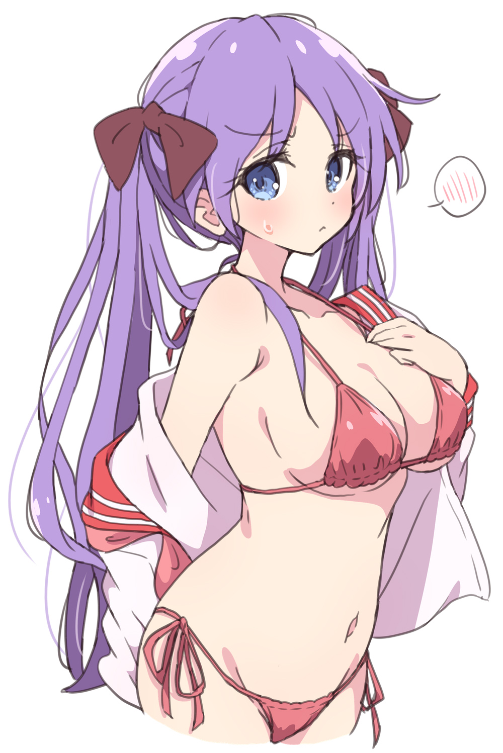 :<, alternate breast size, bikini, blush, collared shirt, embarrassed, female, female only, hand on breast, kagami hiiragi, large breasts, looking at viewer, lucky star, melty pot, nervous sweat, off shoulder, red bikini, sweat, sweatdrop