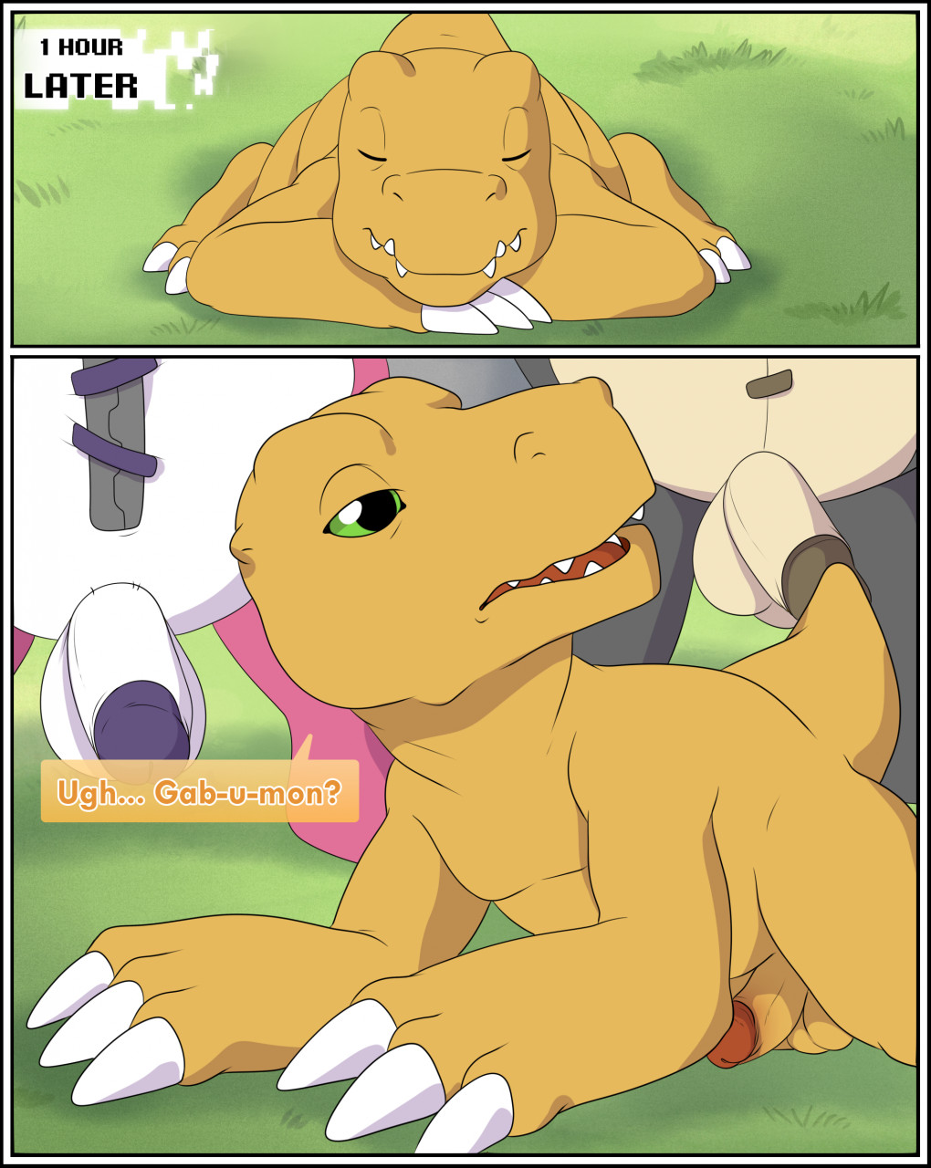 agumon anthro balls bandai_namco comic dialogue digimon digimon_(species) dinosaur english_text erection extyrannomon genitals green_eyes group hi_res humanoid_genitalia humanoid_penis male male_only penis plushie reptile scalie shadowpelt sleeping teddy_bear text warumonzaemon