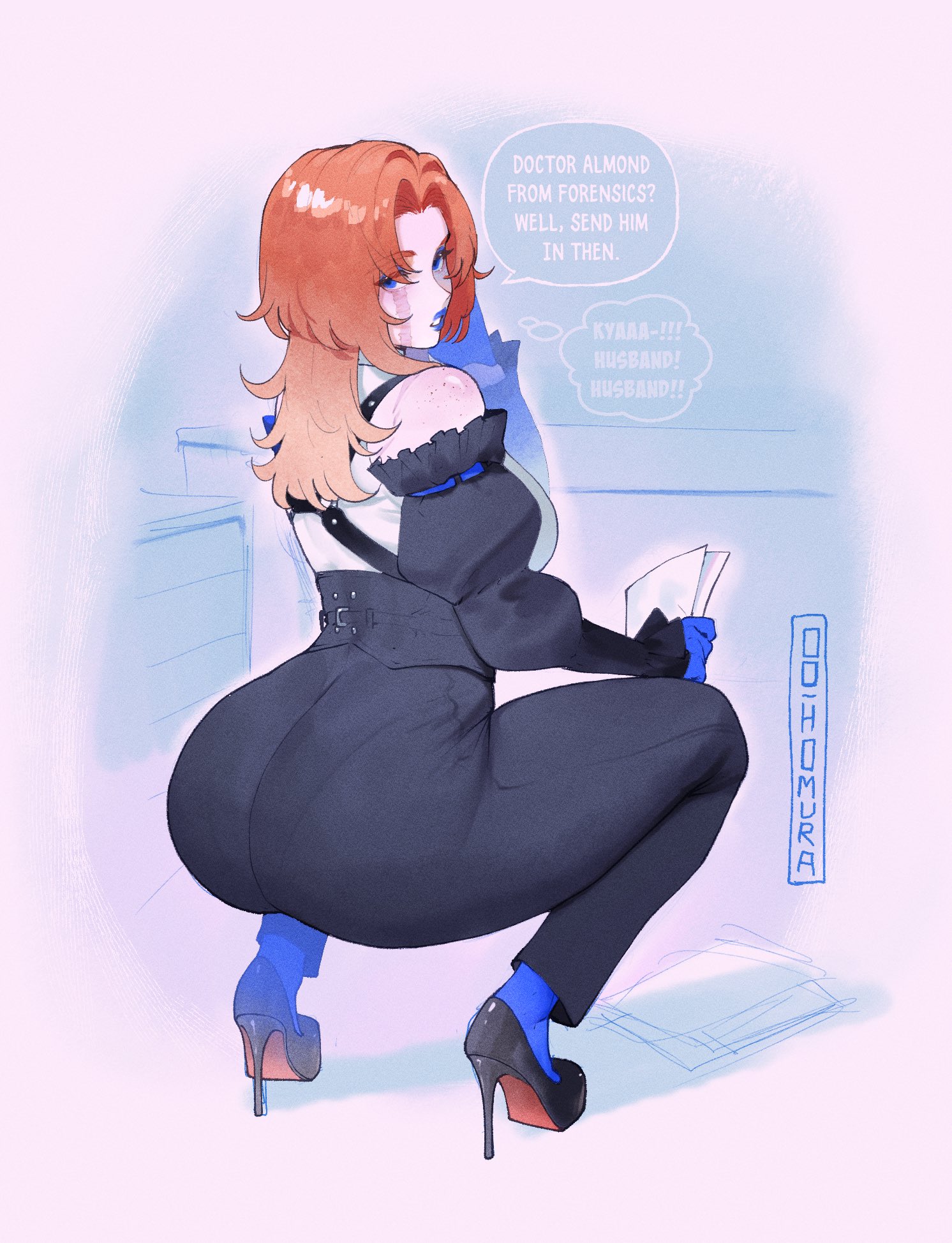 ass, ass focus, bloodlight (nyantcha), blue eyes, breasts, commentary, english commentary, english text, female, full body, genderswap (mtf), high heels, highres, large breasts, medium hair, mikhail (thiccwithaq), rule 63, scar, scar across eye, scar on face, short hair, solo, speech bubble, squat, squatting, thiccwithaq