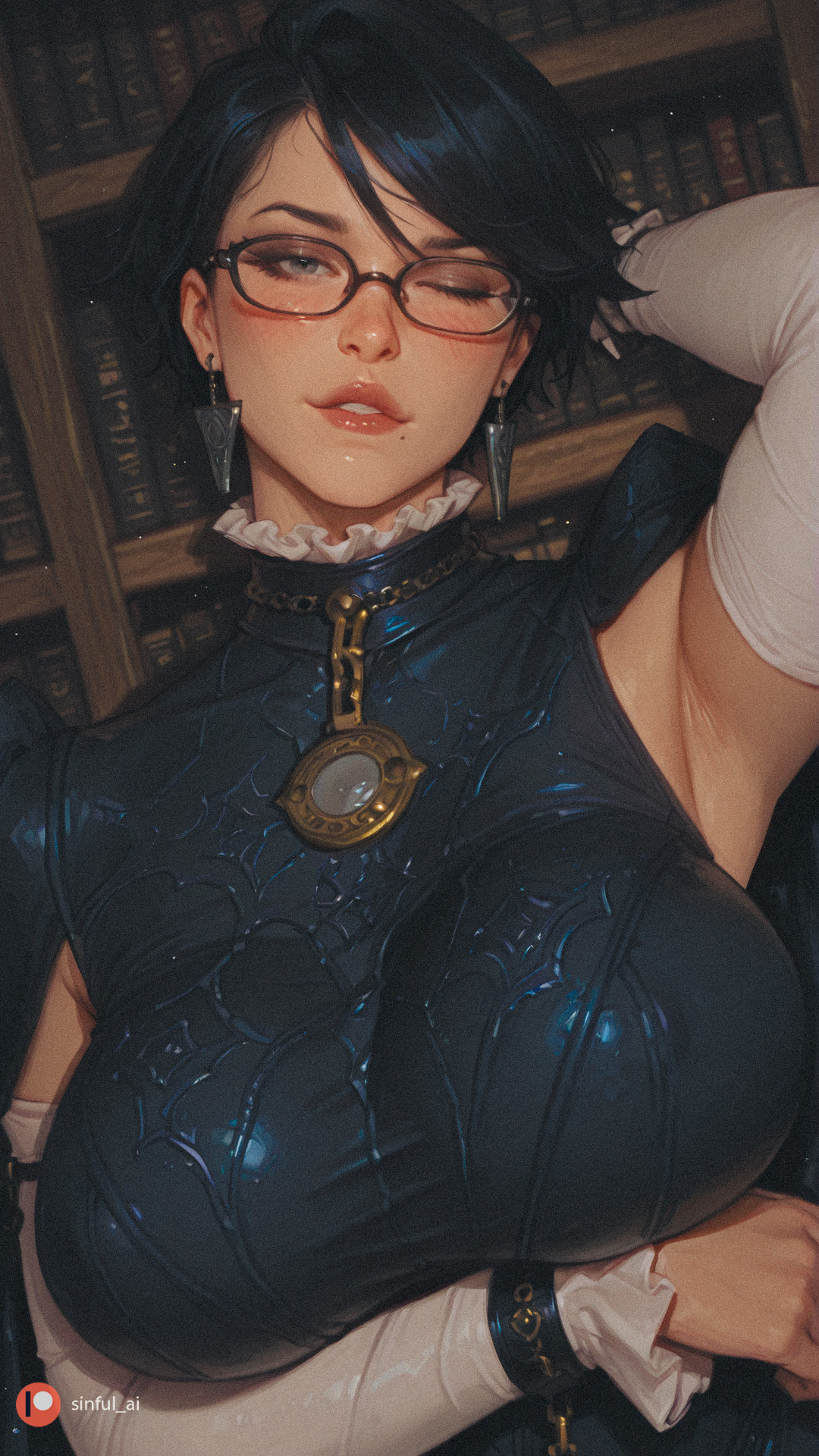 ai generated, aisinful, ass, bayonetta, bayonetta (character), big ass, big breasts, big butt, black hair, black-framed eyewear, blush, book, bookshelf, breasts, earrings, female, female only, glasses, gloves, hi res, jewelry, large breasts, library, lips, medium breasts, short hair, smile, solo, thick thighs, wide hips