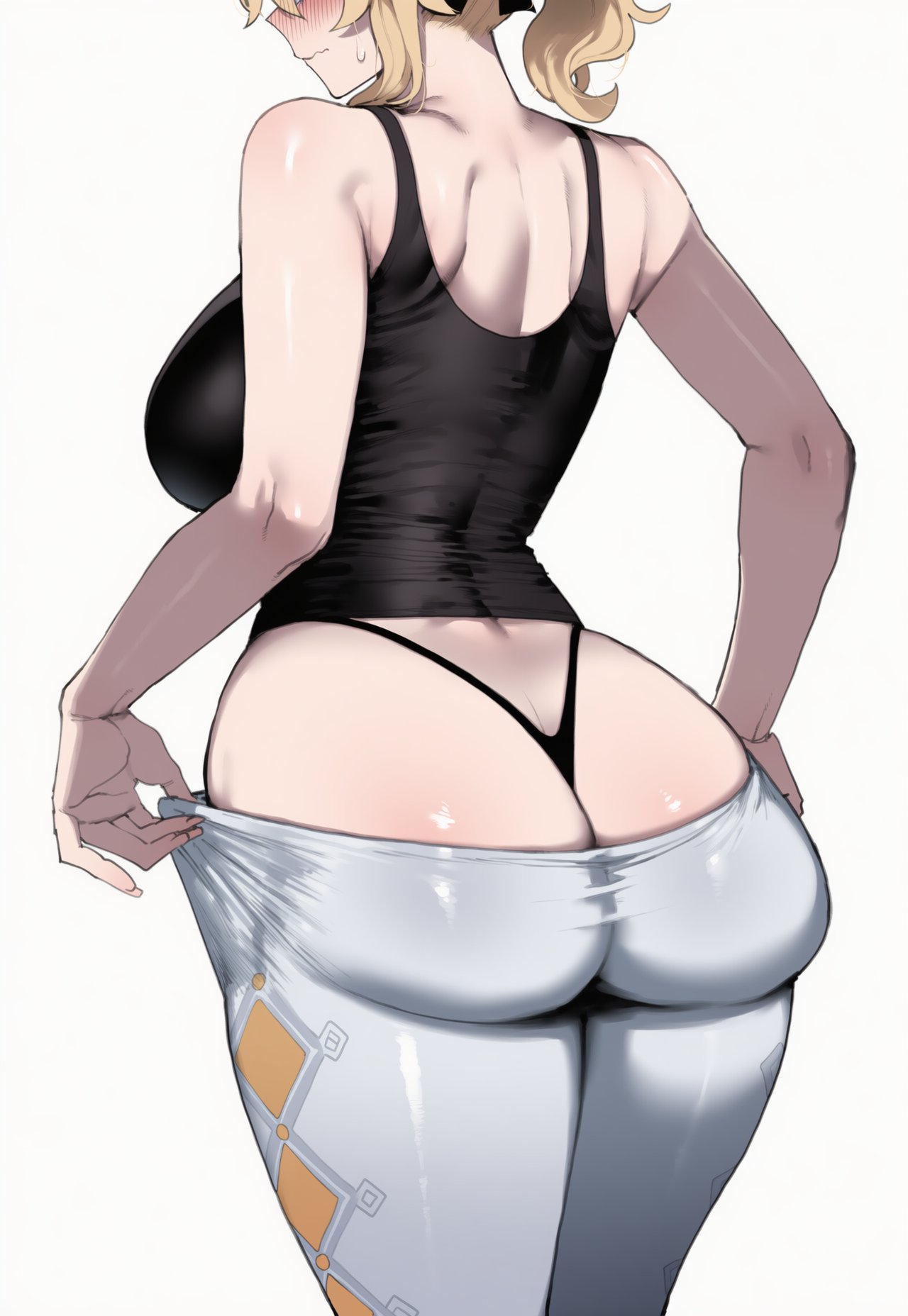 1girls, ai assisted, ai generated, armpits, ass, ass focus, big ass, big breasts, blue eyes, blush, breasts, dressing, embarrassed, female, female only, genshin impact, getting dressed, huge ass, inconvenient ass, jean gunnhildr, light skin, light-skinned female, looking back, looking down, mihoyo, pulling pants up, pulling up pants, putting clothes on, putting on clothes, putting on pants, putting pants on, solo, struggling to fit, sweat, sweatdrop, sweating, thick thighs, thighs, truck kun, truck-kun art, white background
