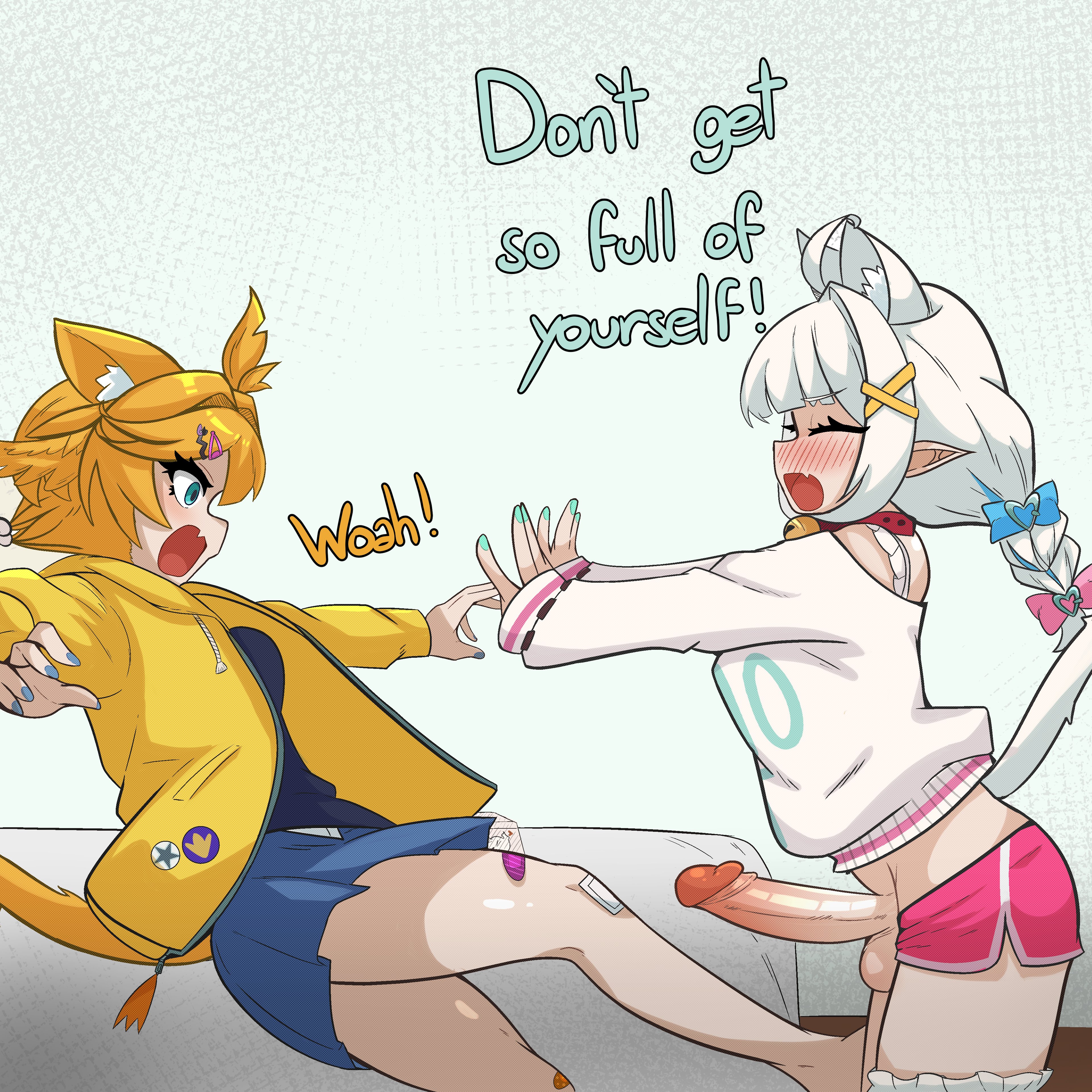 1futa, 1girls, 2d, 2d (artwork), 2d artwork, animal ears, animal humanoid, animal tail, blonde hair, breasts, cat ears, cat girl, cat humanoid, cat tail, catgirl, cock, curvaceous, curvy, curvy female, curvy figure, densetsu.exe, dick, dickgirl, dickgirl/female, dokibird, dokibird (dokitty), dokibird (school outfit), english, english text, erect penis, erection, feline, female, futa on female, futanari, hi res, highres, indie virtual youtuber, intersex, intersex/female, light skin, light-skinned female, light-skinned futa, looking at penis, maid mint, medium breasts, medium hair, mint fantome, mint fantome (otaku), penis, pointy ears, tail, text, thick, thick thighs, thighs, virtual youtuber, vtuber, white hair, zerhin