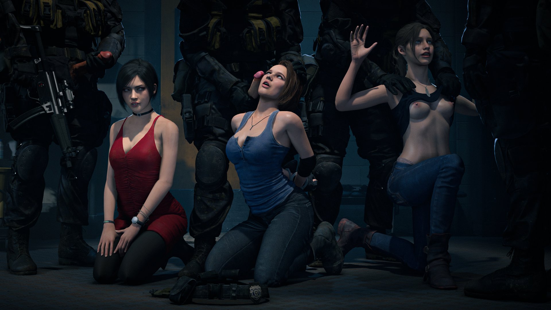 3d, 3girls, 4boys, ada wong, ada wong (adriana), captured, claire redfield, claire redfield (jordan mcewen), dark-skinned male, female, jill valentine, jill valentine (sasha zotova), light skin, light-skinned female, light-skinned male, male, masked male, multiple boys, multiple girls, penis, questionable consent, resident evil, resident evil 2 remake, resident evil 3 remake, winterssfm