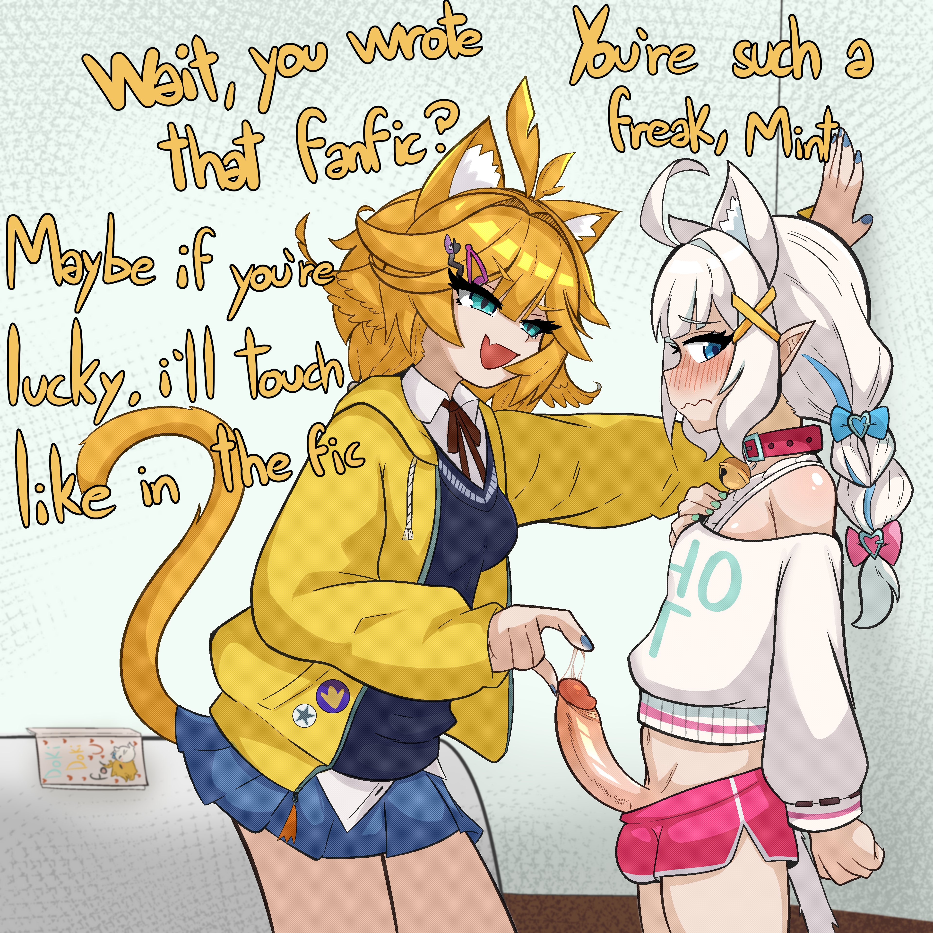 1futa, 1girls, 2d, 2d (artwork), 2d artwork, animal ears, animal humanoid, animal tail, blonde hair, breasts, cat ears, cat girl, cat humanoid, cat tail, catgirl, cock, curvaceous, curvy, curvy female, curvy figure, densetsu.exe, dick, dickgirl, dickgirl/female, dokibird, dokibird (dokitty), dokibird (school outfit), english, english text, erect penis, erection, feline, female, futa on female, futanari, hi res, highres, indie virtual youtuber, intersex, intersex/female, light skin, light-skinned female, light-skinned futa, maid mint, medium breasts, medium hair, mint fantome, mint fantome (otaku), penis, pointy ears, tail, text, thick, thick thighs, thighs, virtual youtuber, vtuber, white hair, zerhin
