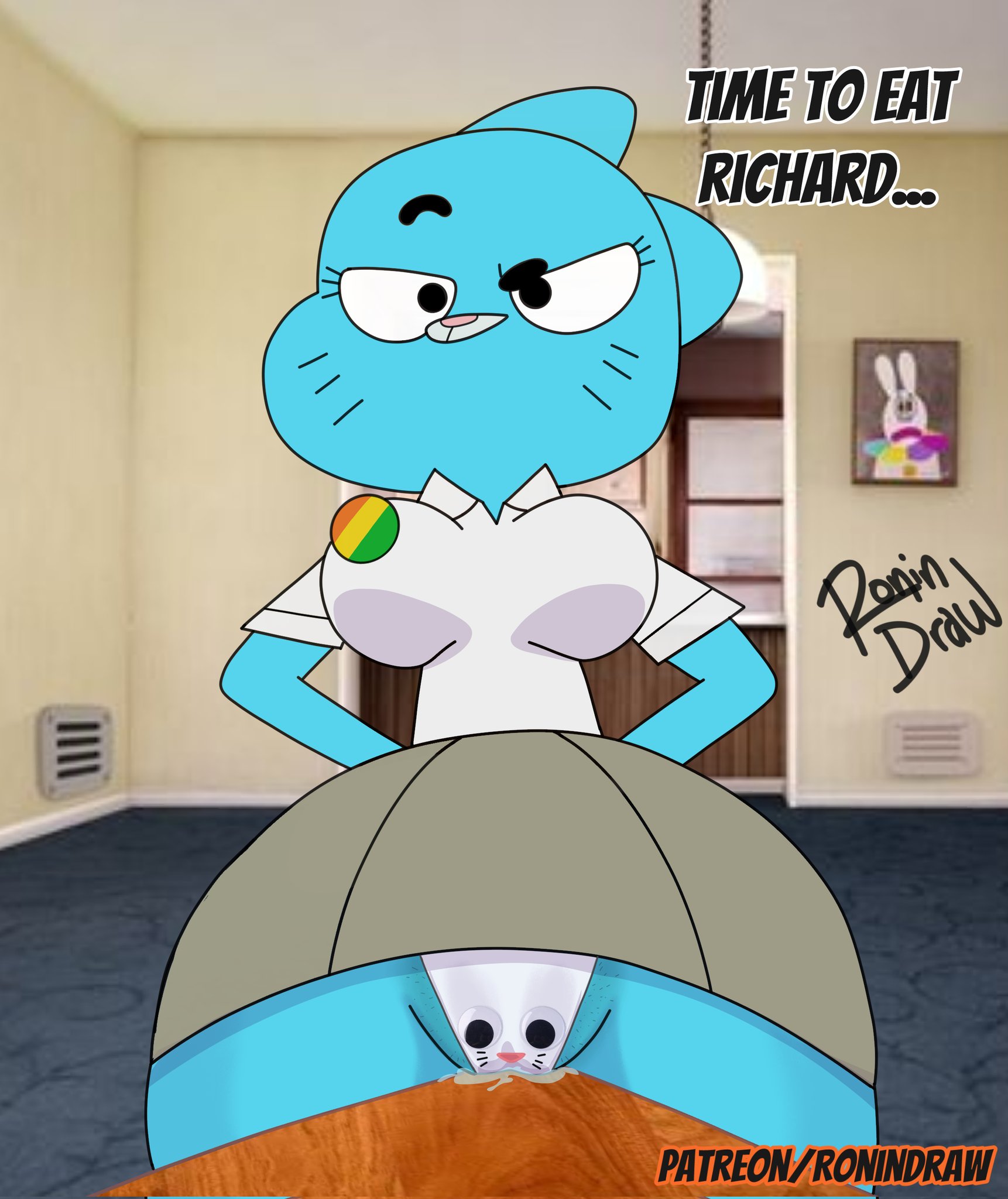2d, blue body, blue fur, cameltoe, cartoon network, cat ears, cat tail, catgirl, do you want to pet my cat (meme), female, female only, fully clothed, hand on hip, labia visible through clothing, large breasts, large thighs, marker, markings, meme, milf, nicole watterson, pussy juice, pussy on table, richard watterson, ronindraw, tagme, text, the amazing world of gumball