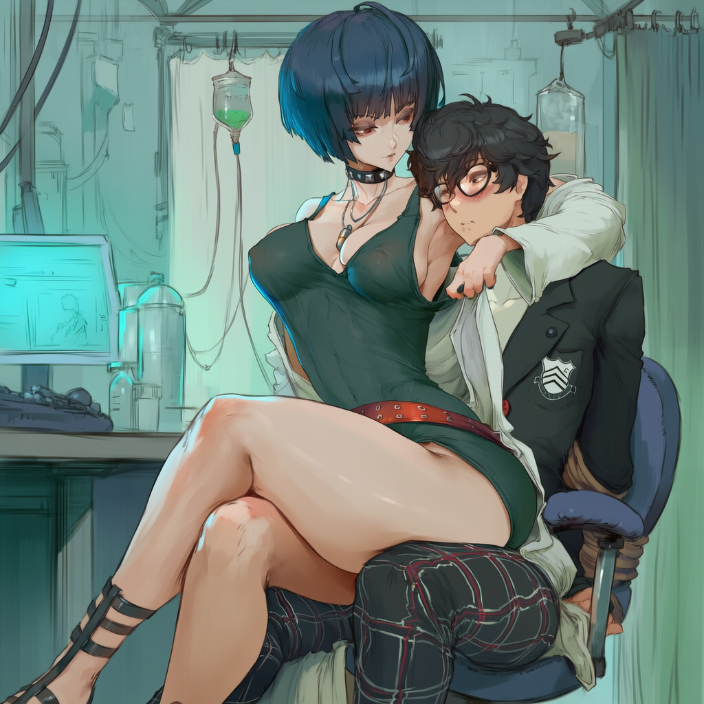 age difference, ai generated, blush, braless, choker, couple, femdom, little black dress, lucakp, necklace, office chair, older female, persona, persona 5, pokies, ren amamiya, sitting on chair, sitting on lap, sitting on person, studded choker, tae takemi, tied arms, younger male