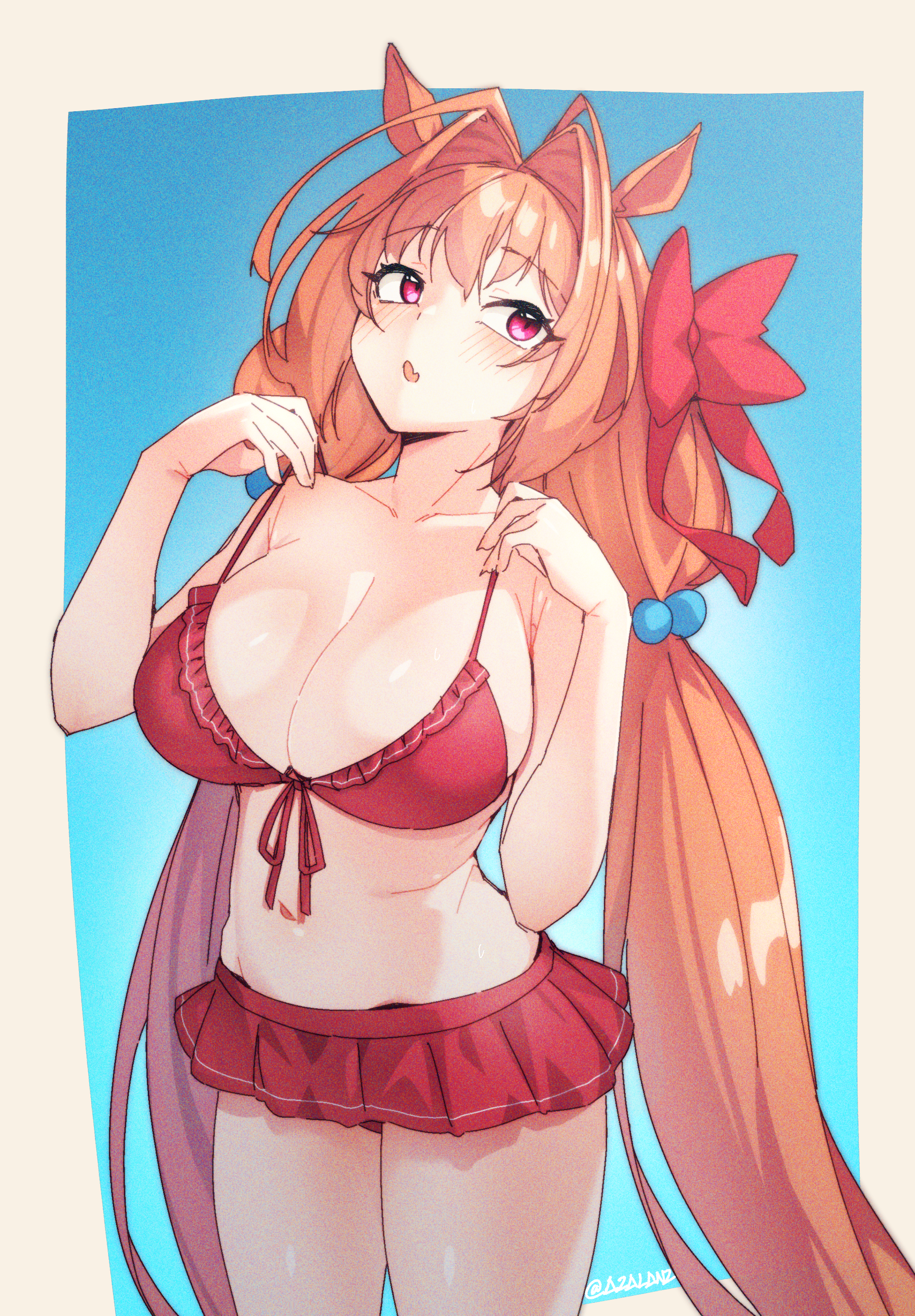 1girls, ahoge, animal ears, bikini, blush, bow, breasts, cleavage, collarbone, daiwa scarlet (umamusume), eyebrows visible through hair, female, front-tie bikini, front-tie top, hair intakes, hair ornament, hairbow, horse ears, horse girl, large breasts, light skin, light-skinned female, long hair, looking at viewer, navel, pleated skirt, red bikini, red eyes, red skirt, skirt, solo, swimsuit, tilt-shift (azalanz), twintails, umamusume, umamusume pretty derby, very long hair