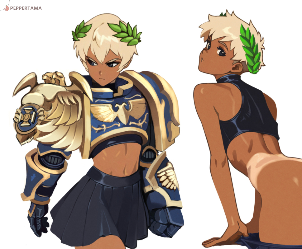 1boy, blonde hair, blue armor, brown skin, cute, dark skin, dark-skinned femboy, dark-skinned male, dark-skinned sissy, dark-skinned twink, femboy, gold armor, imperium of man, peppertama, power armor, power armor (warhammer), primarch, roboute guilliman, short hair, skirt, ultramarines, warhammer (franchise), warhammer 40k