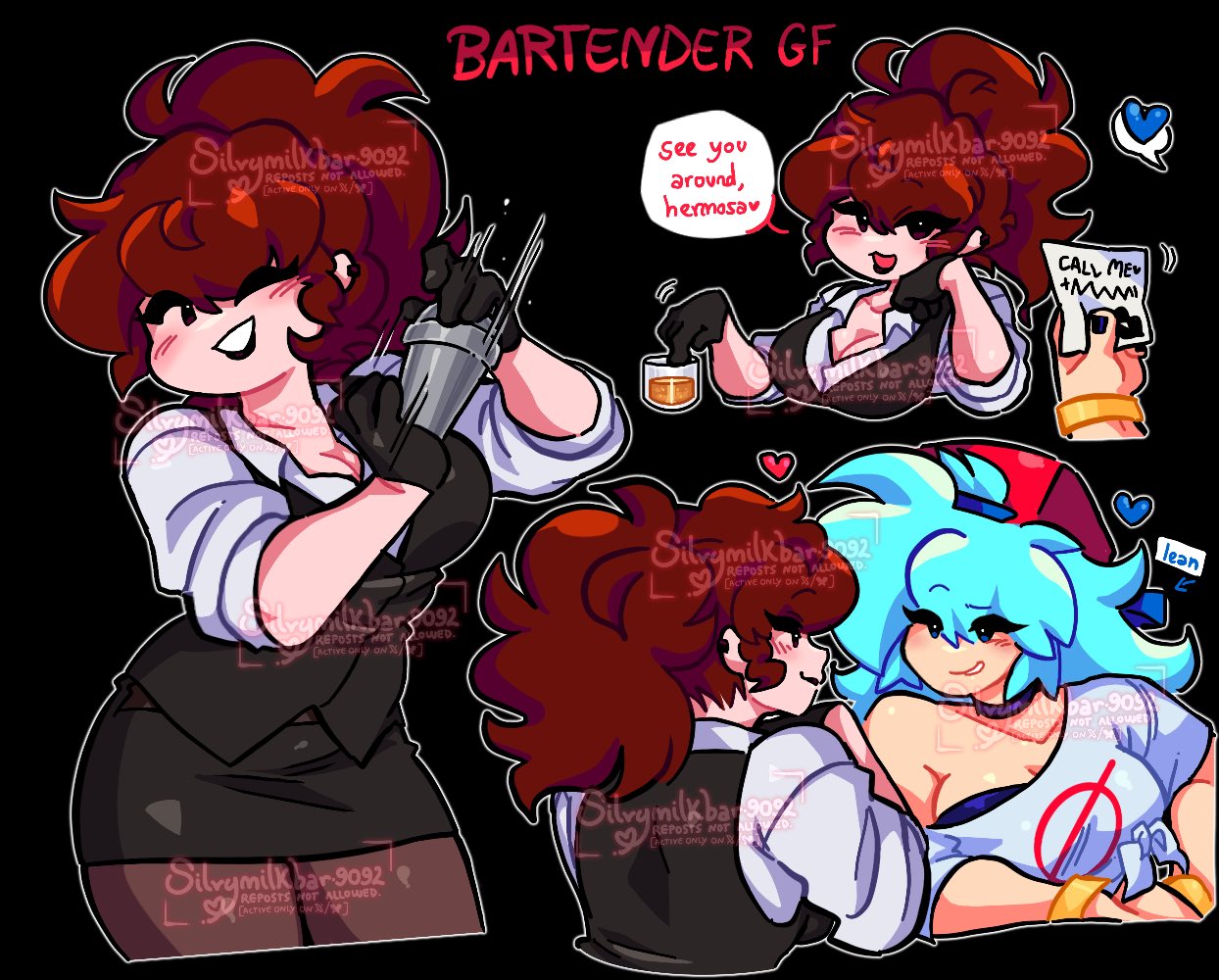 alcohol, auburn hair, bartender, big breasts, blue hair, boyfriend (friday night funkin), button down shirt, cleavage, female boyfriend (friday night funkin), formal wear, friday night funkin, genderbend, genderbent, genderswap, genderswap (mtf), girlfriend (friday night funkin), lesbian, miniskirt, pantyhose, ponytail, rule 63, rule63, sexy, silvymilkbar, tagme, yuri