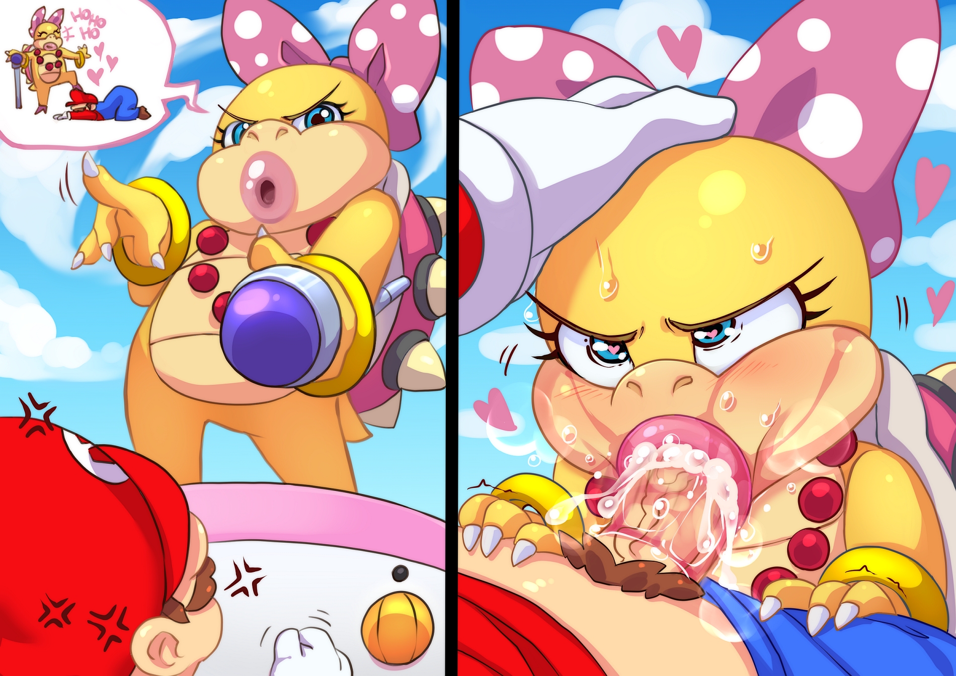 1boy, 1girls, angry, before and after, blowjob, blush, clothed sex, cum, cum in mouth, english text, facial hair, fellatio, forced oral, hand on another's head, heart, heart-shaped pupils, huge cock, kibazoku, lipstick, lipstick mark, lipstick mark on penis, makeup, male pubic hair, mario, mario (series), monster girl, nintendo, oral, penis, pubic hair, rape, rape as punishment, sweat, symbol-shaped pupils, uncensored, veins, veiny penis, wendy o. koopa