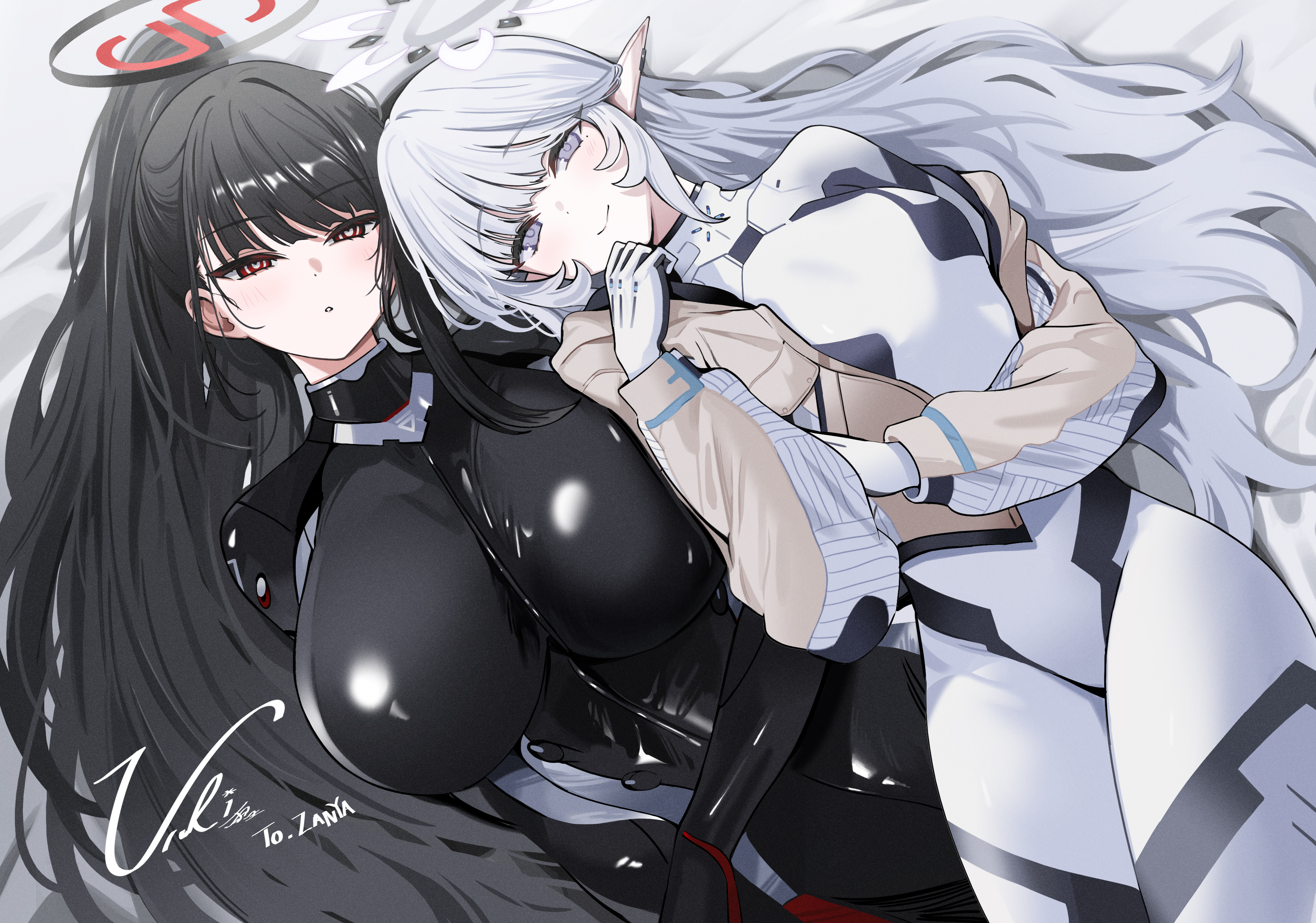 2girls, absurdres, black bodysuit, black hair, blue archive, blush, bodysuit, breasts, bright pupils, closed mouth, commentary request, gloves, halo, highres, himari (armed) (blue archive), himari (blue archive), large breasts, long hair, looking at viewer, lying, multiple girls, official alternate costume, on back, parted lips, pointy ears, ponytail, red eyes, rio (armed) (blue archive), rio (blue archive), smile, white gloves, white hair, white pupils, yuki (asayuki101)