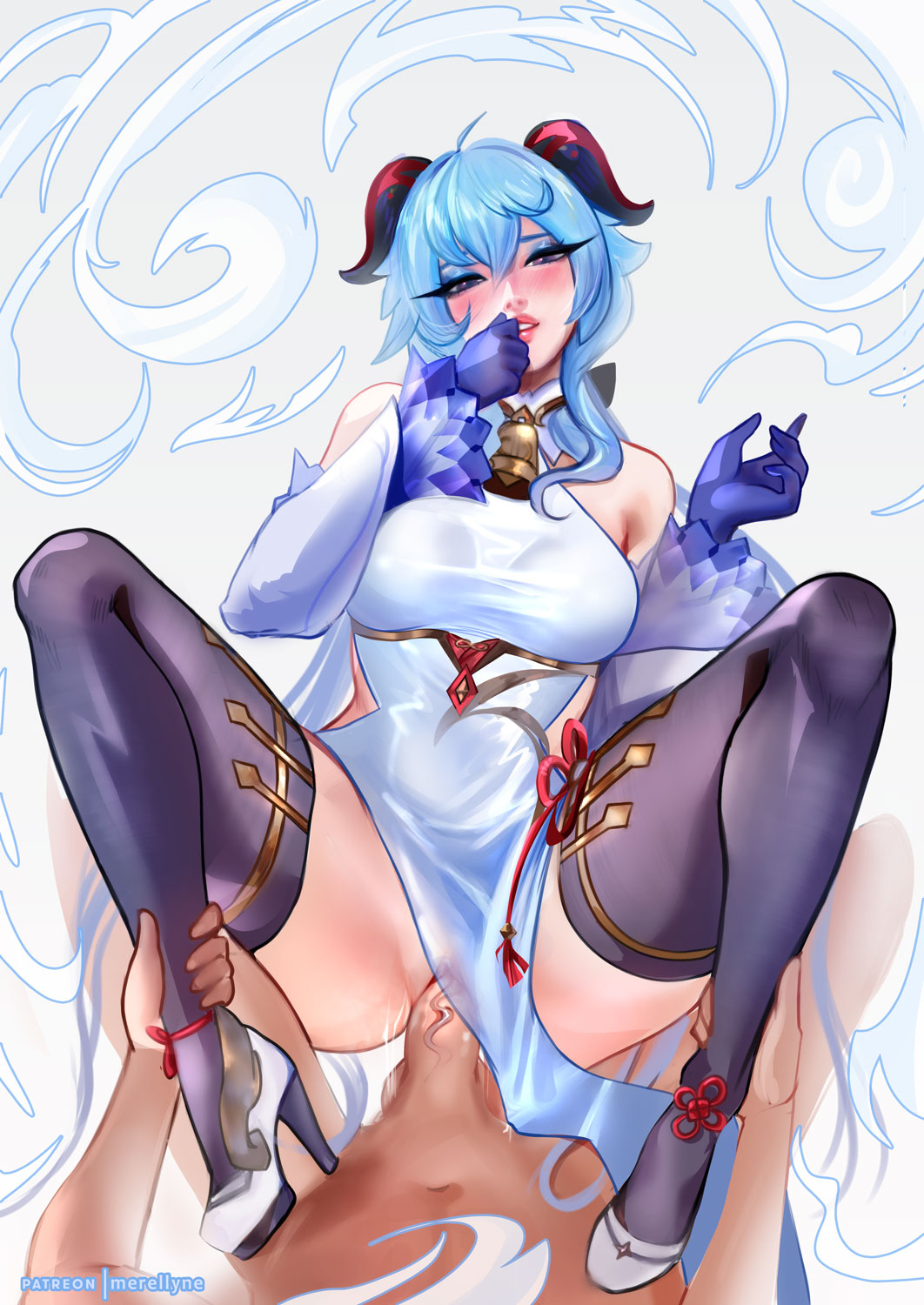 1boy, 1girls, blue hair, blush, bottomless, female, ganyu (genshin impact), genshin impact, gloves, high heels, horns, looking at viewer, male, merellyne, on back, partially clothed male, pussy, vaginal penetration