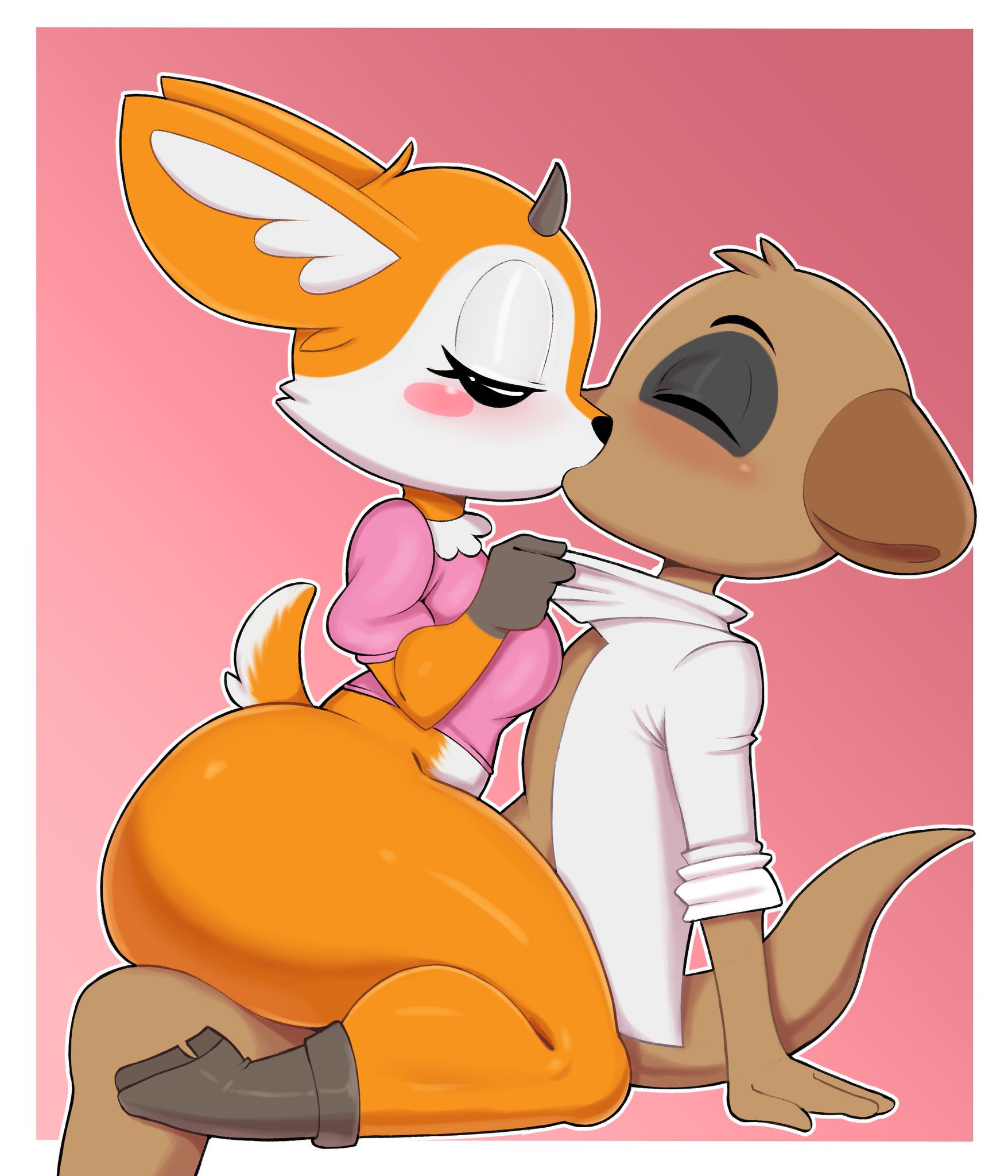 absurd res, aggressive retsuko, alternate version available, ambiguous penetration, anthro, anthro on anthro, ass, big ass, big butt, big ears, blush, boots, bottomless, breasts, brown fur, chief komiya, closed eyes, cuddling, curvy, female, furry, gazelle, highres, horn, horns, huge ass, kissing, long ears, male, male/female, medium breasts, mehdrawings, orange fur, pink background, sanrio, shirt, shortstack, side view, simple background, smooth fur, thick thighs, topwear, tsunoda, voluptuous, wide hips