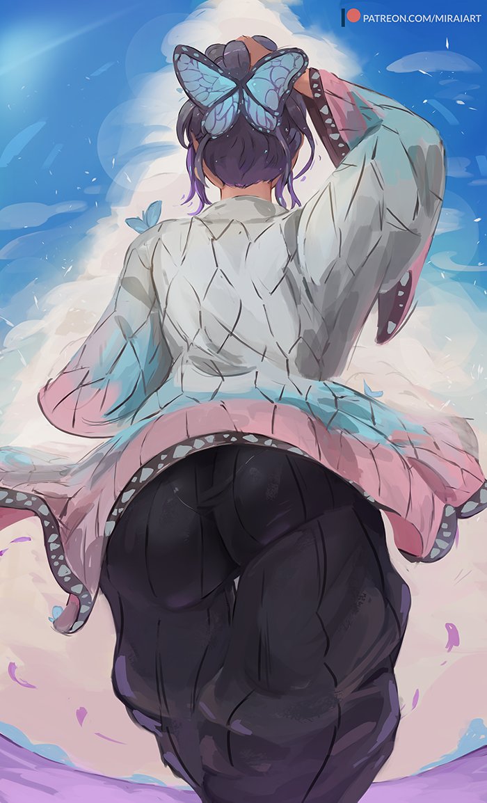 1girls 2021 alternate_version_available ass ass_focus black_bottomwear black_hair butterfly_hair_ornament clothed clothed_female demon_slayer facing_forward female female_only fully_clothed haori huge_ass kimetsu_no_yaiba kochou_shinobu miraihikari pantylines rear_view solo thick_thighs thigh_gap thighs white_topwear