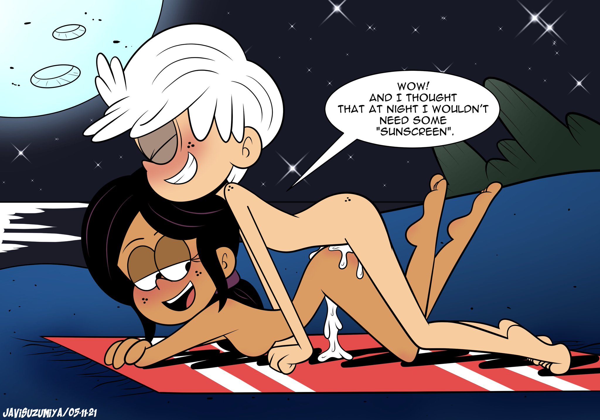 2d, 2d (artwork), ass, beach, black hair, breasts, completely nude, cum, cum in ass, cum inside, dark skin, dark-skinned female, dialogue, english text, excessive cum, female, freckles, grown up, javisuzumiya, latina, lincoln loud, long hair, male, male/female, moon, nickelodeon, nude, nude female, nude male, outdoor nudity, outdoor sex, ronnie anne santiago, semen, sex, sex on the beach, tagme, text, the loud house, white hair