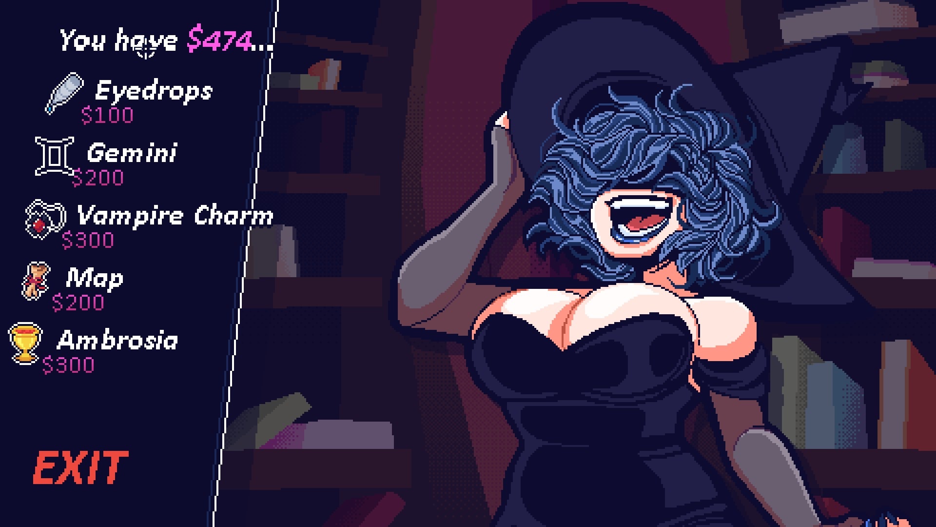 1girls, big breasts, blue hair, blue lipstick, breasts, cleavage, cordelia valentine, covered eyes, dead estate, dress, female, female only, fingerless gloves, game cg, game screenshot, gameplay mechanics, hat, large breasts, official art, open mouth, pixel art, screencap, solo, solo female, strapless dress, witch, witch hat