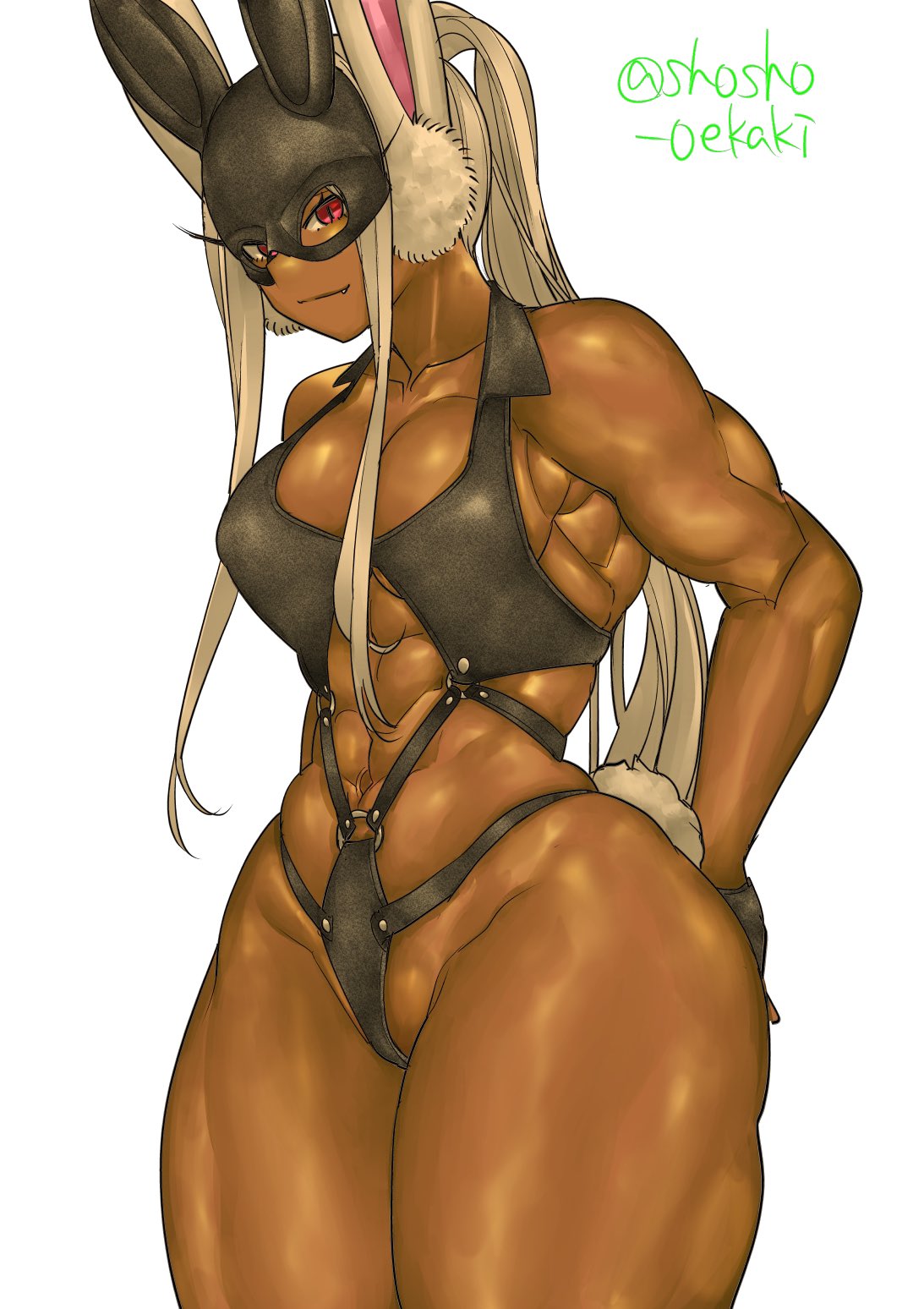 1girls, abs, breasts, bunny ears, bunny tail, dominatrix, eye contact, female, female only, leather, long ears, long hair, looking at viewer, mask, miruko, muscular, muscular female, my hero academia, red eyes, revealing clothes, rumi usagiyama, shosho oekaki, simple background, solo, standing, thick thighs, thighs, white background, white hair, wide hips