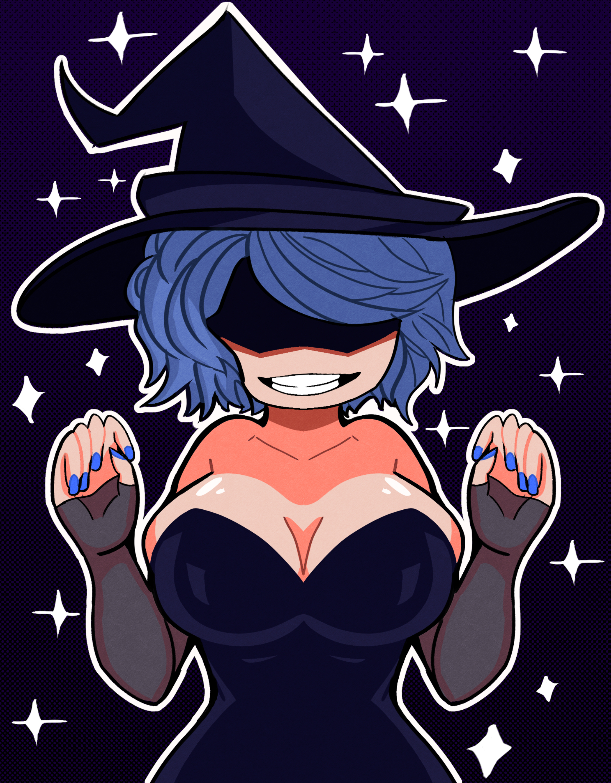 1girls, 5 fingers, absurdres, bare shoulders, big breasts, blue hair, blue nails, breasts, cleavage, cordelia valentine, dead estate, dress, eyeless female, female, female only, fingerless gloves, front view, gloves, hat, hidden eyes, highres, huge breasts, human, human only, humanoid, jester64ng, large breasts, looking at viewer, nail polish, obscured face, smile, solo, solo female, star (symbol), starry background, witch, witch hat