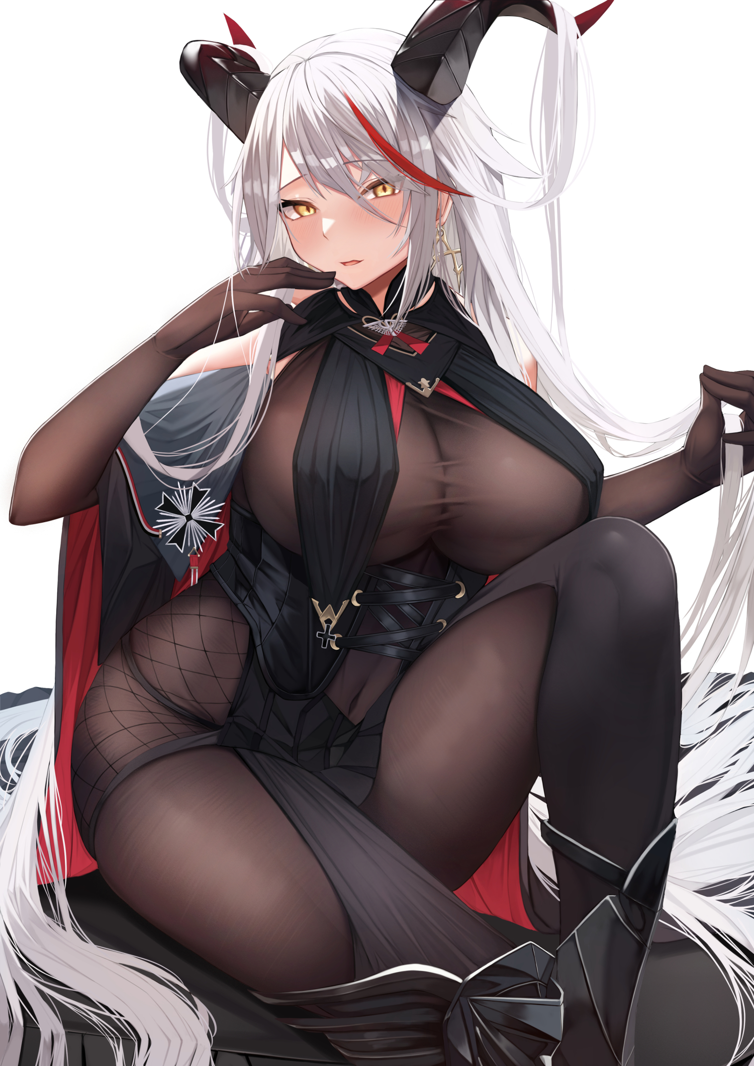 1girls, 2021, absurdly long hair, aegir (azur lane), azur lane, bangs, black legwear, blush, bodystocking, breasts, covered navel, earrings, elbow gloves, eyebrows visible through hair, female, female focus, female only, gloves, hair on horn, highres, horns, huge breasts, jewelry, kazuha (saku kn), knee up, long hair, looking at viewer, multicolored hair, parted lips, red hair, silver hair, simple background, sitting, solo, solo female, streaked hair, taut clothes, thighs, very long hair, white background