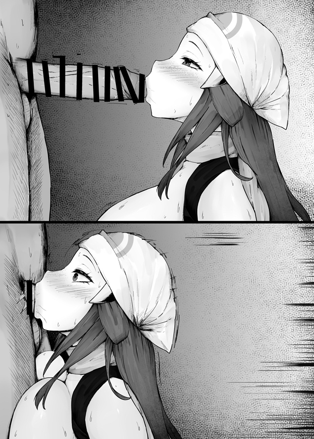 1boy, 1girls, balls, bare shoulders, beanie, big breasts, black and white, blush, breasts, censor bar, censored, dawn (pokemon), deepthroat, fellatio, female, greyscale, hair ornament, hat, human, kurotama, light skin, light-skinned male, long hair, male, monochrome, nintendo, oral, penis, pokemon, pokemon dppt, scarf, sex, straight