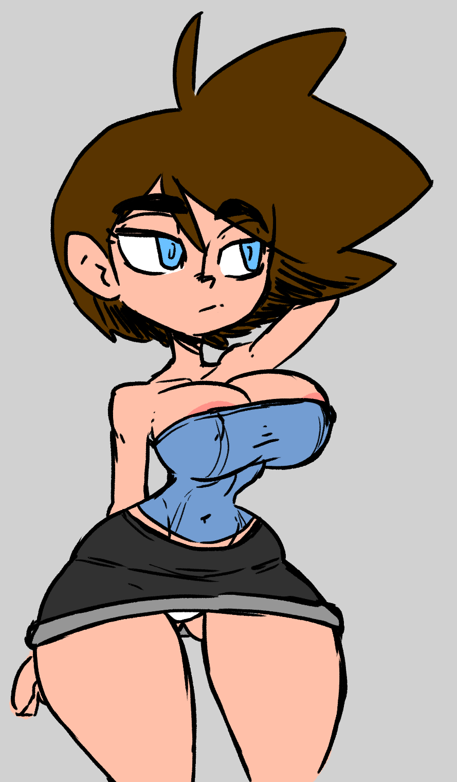 1girls areolae big_breasts blue_eyes breasts brown_hair capcom dialogue female female_only jellot jill_valentine jill_valentine_(sasha_zotova) microskirt miniskirt panties resident_evil resident_evil_3 skirt solo thick_thighs thin_waist tubetop upskirt wide_hips