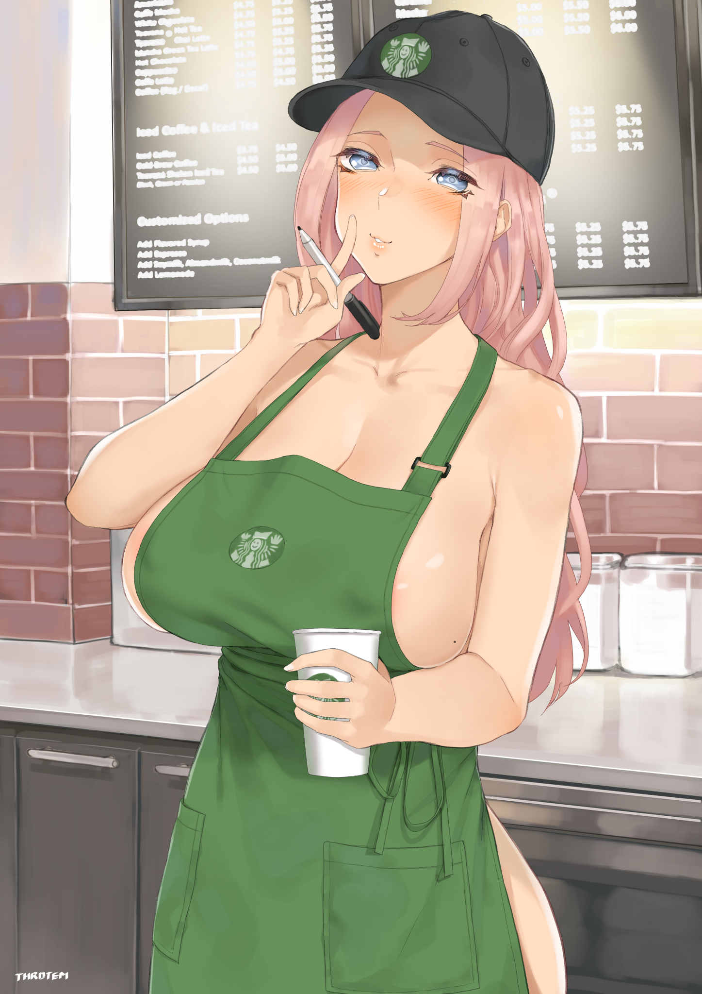 1girls, 2021, apron, areola, areola slip, bangs, bare shoulders, blue eyes, blush, breasts, cleavage, coffee cup, collarbone, cowboy shot, cup, disposable cup, eyebrows visible through hair, female, female focus, female only, finger to mouth, green apron, grin, hat, highres, holding, holding cup, holding marker, holding pen, huge breasts, iced latte with breast milk, index finger raised, indoors, long hair, looking at viewer, marker, meme, mole, mole on breast, naked apron, original, pen, pink hair, reward available, shushing, smile, solo, solo female, standing, starbucks, throtem