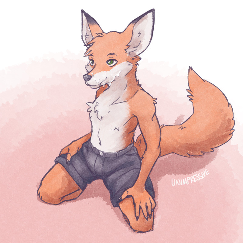 1:1 2021 5_fingers bodily_fluids bottomwear brown_body brown_fur canid canine clothing cum cum_on_face digital_media_(artwork) fingers fox fur genital_fluids green_eyes kneeling male mammal shorts smile solo unimpressive_(artist)