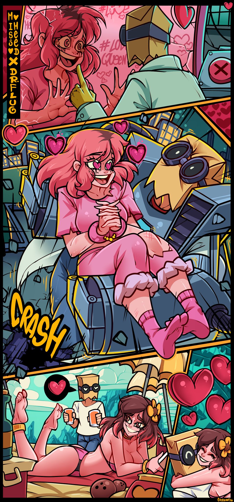 ass, big breasts, bikini, breasts, cartoon network, castleart, dr. flug (villainous), female, heart, male, medium hair, miss heed (villainous), pink body, pink hair, prisión, romantic, smile, tagme, villainous