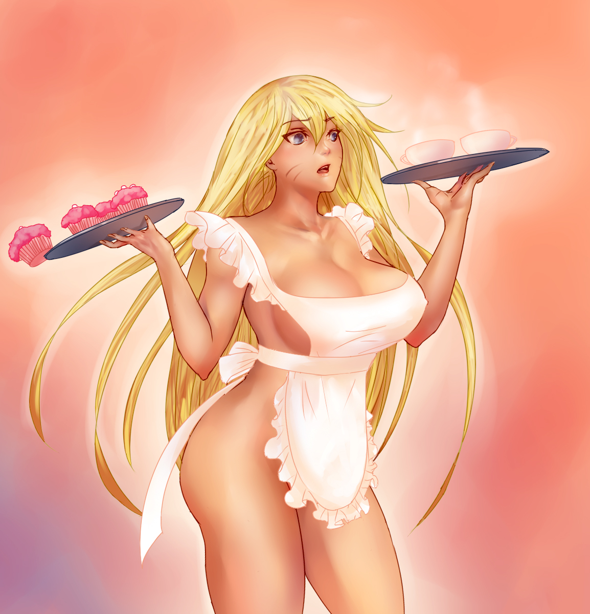 1girls, apron, apron only, ass, bare arms, bare legs, big breasts, blonde hair, blue eyes, blush, boruko, boruto: naruto next generations, breasts, busty, cleavage, clothing, cupcake, female, female focus, female only, frilled apron, gender transformation, genderswap, genderswap (mtf), large breasts, legs, light skin, light-skinned female, long hair, naked apron, naruto, naruto (series), no bra, no panties, open mouth, partially clothed, perky breasts, pink apron, pinup, pose, posing, revealing clothes, rule 63, sexy no jutsu, shounen jump, sideboob, solo, solo female, solo focus, standing, teacup, thighs, transformation, uzumaki boruto, voluptuous, waiting, waitress, waitress uniform, whisker markings, whiskers, wide hips, yellow hair